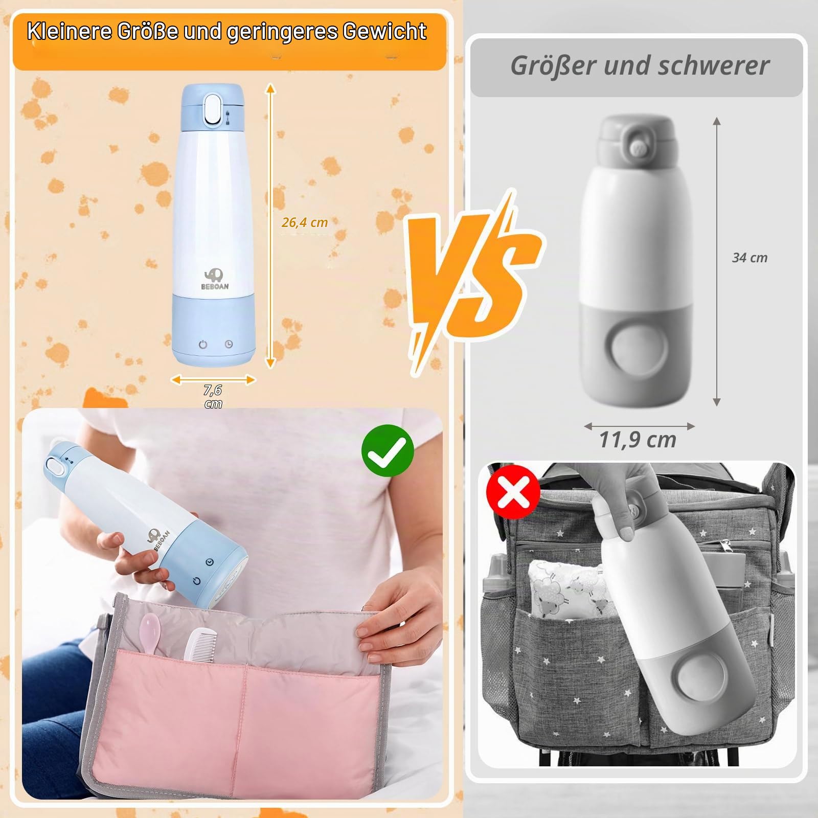 BEBOAN Tragbarer Milcherwärmer/Wasserwärmer für Unterwegs, Kabelloser Baby Muttermilch Wärmer flaschenwärmer, Intelligente Temperaturregelung mit 5 Stufen & Kindersicherung, 350ml Große Kapazität