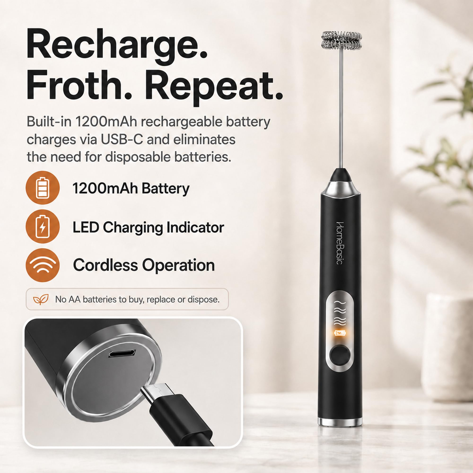 HOMEBASIC Milk Frother - 3 Speeds, Dual Whisks -8