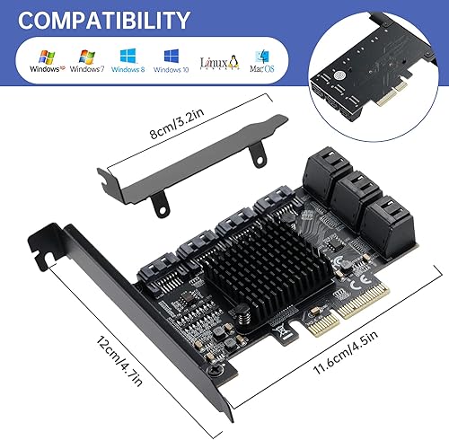 Miniatura 6 de PCIE 4X Tarjeta SATA 10 Puertos, con 10 cables SATA y soporte de perfil bajo, controlador PCIE a SATA 3.0 6 Gbps, tarjeta de expansión PCIE a SATA,
