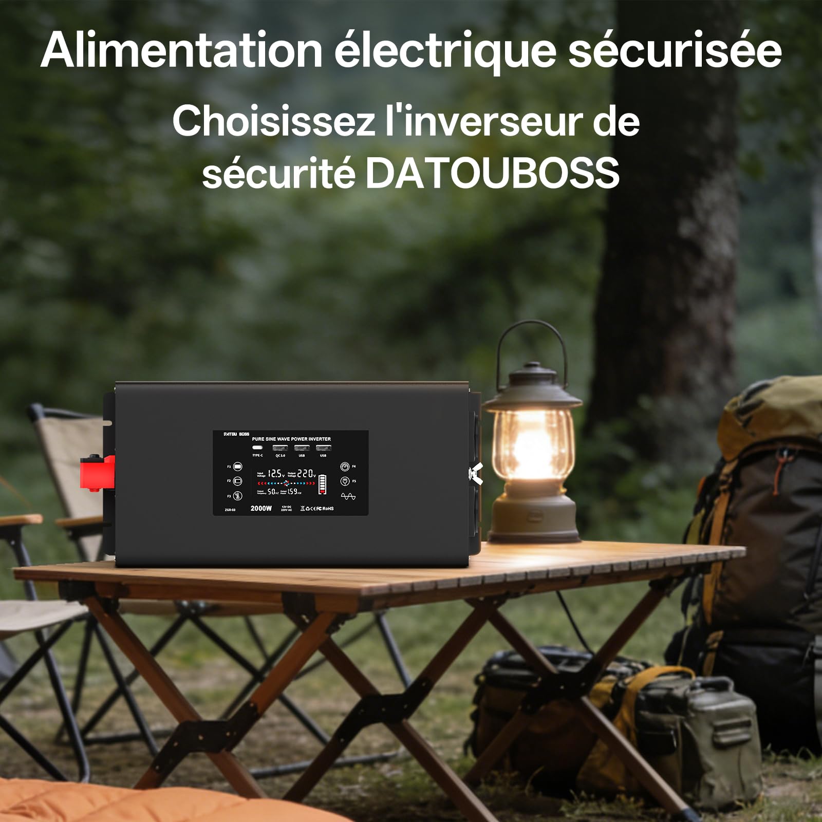DATOUBOSS Convertisseur 24v 220v Pur Sinus 2000W，Transformateur 4000W Crête, Onduleur avec 2 Prises UE, 4 USB Ports (1x QC3.0, 1x USB-C, 2x USB-A), Tlécommande, Écran LCD，pour Voiture, Camion, Camping
