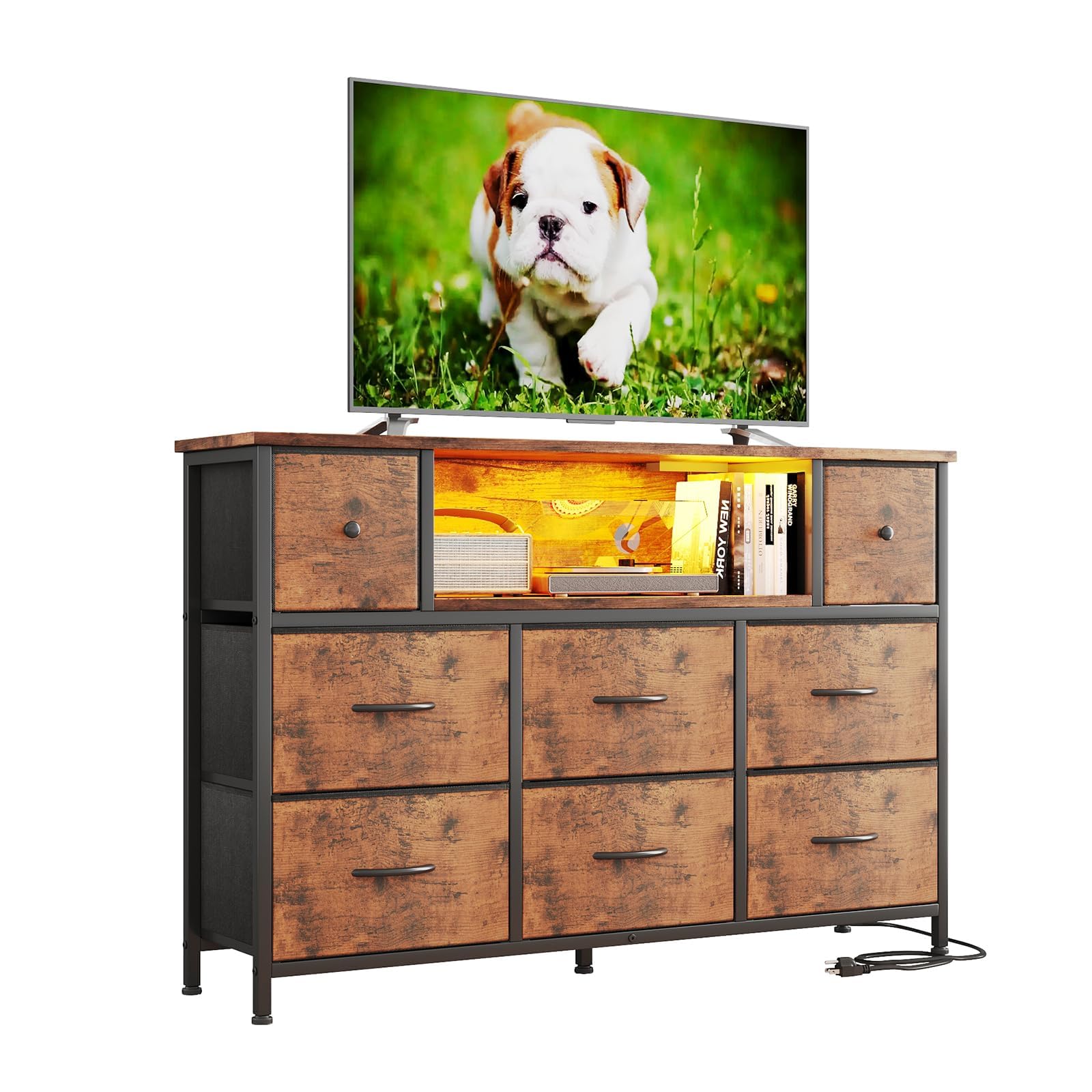 Flrrtenv Chest of Drawers, 8 Fabric Drawers Cabinet, 120CM TV Stand with Power Outlets and LED Lights for 55'' TV, for Bedroom Living Room & Entryway, Home Office, Console Table, Rustic Brown
