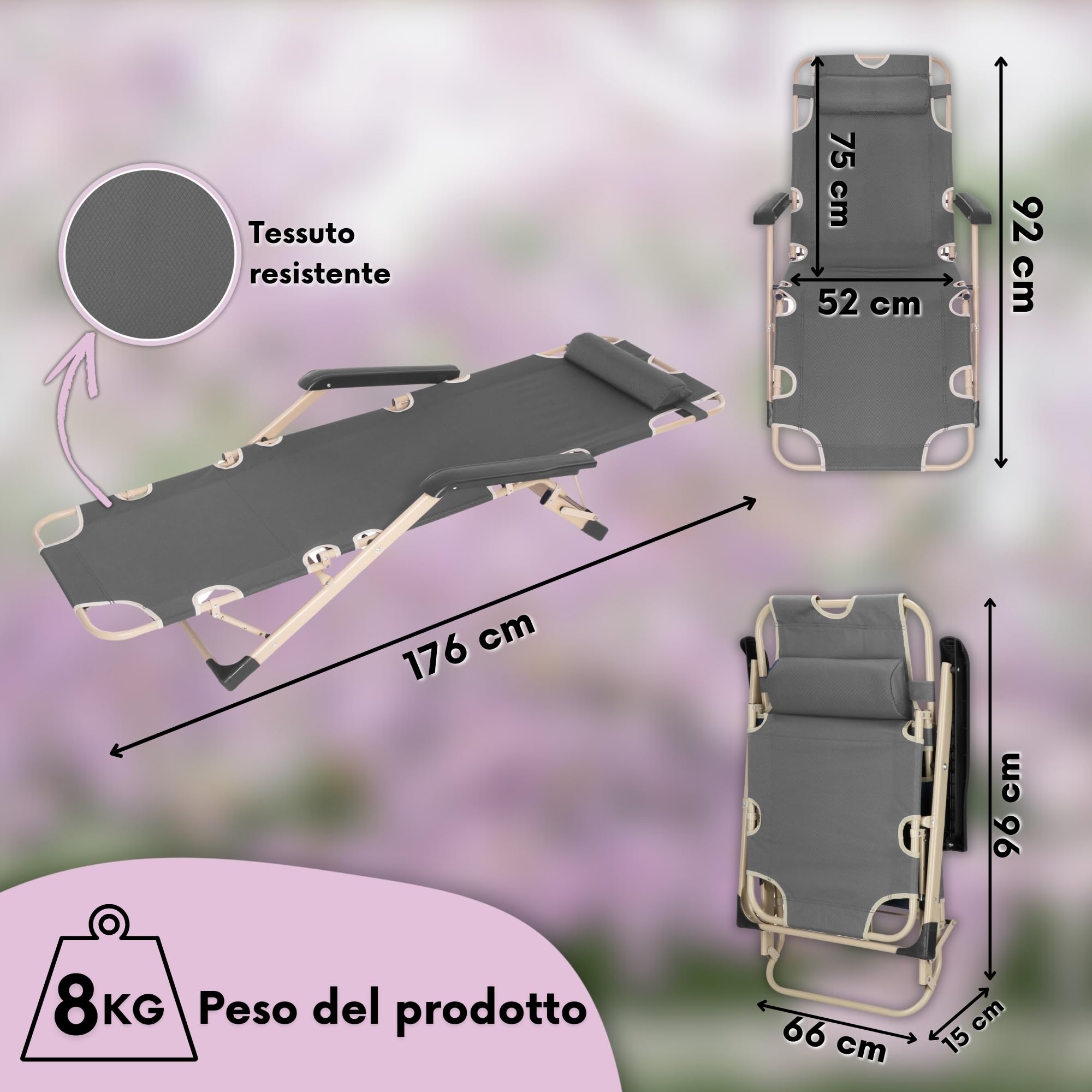 SPRINGOS Lettino da giardino pieghevole con poggiatesta e poggiapiedi, resistente alle intemperie, per giardino, balcone e terrazza, sedia a sdraio regolabile con cuscino e braccioli, 66 x 137 x 92 cm