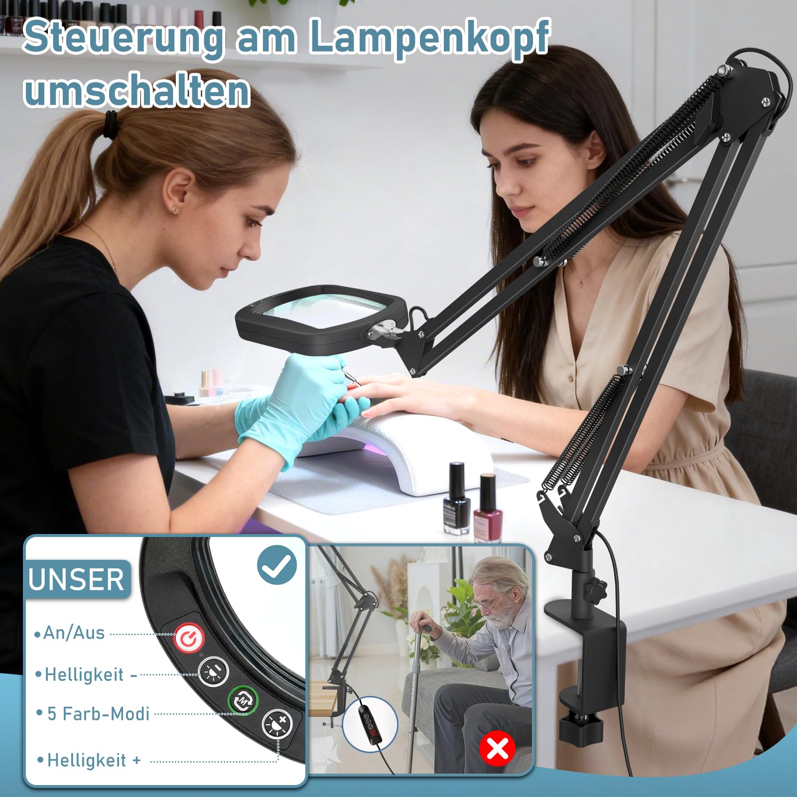 Veemagni 10X Lente di Ingrandimento Rettangolari con Luce e Morsetto, 2 x 16 Pollici con Braccio Girevole, 5 Modalità di Colore Dimmerabile, Mani Libere Lente Ingrandimento per Lettura Pittura Hobby