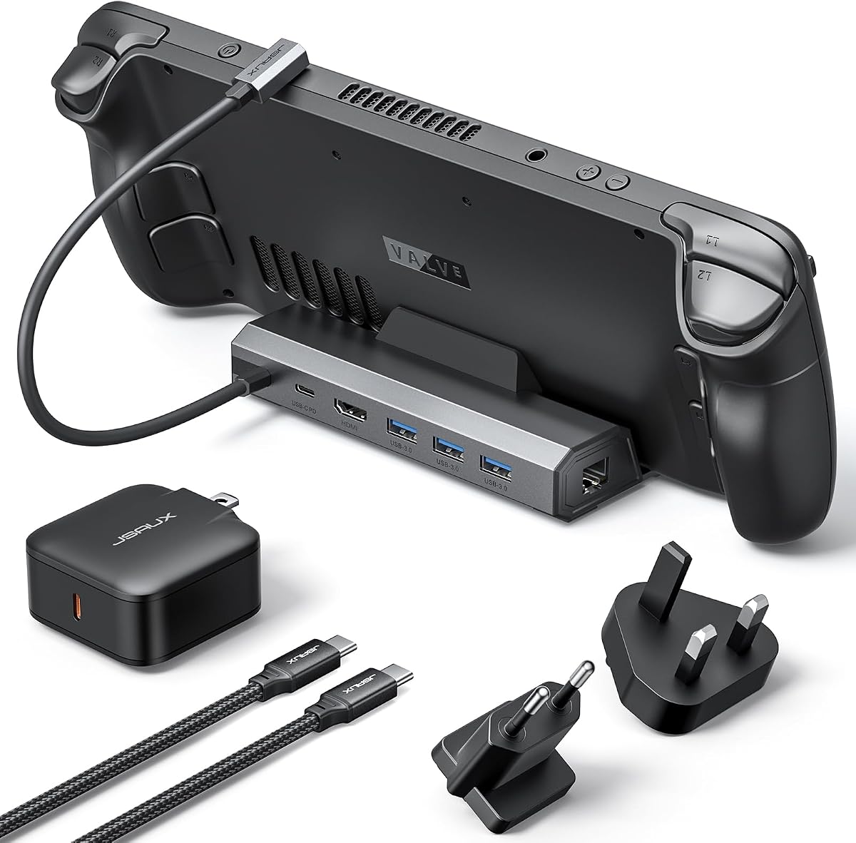 JSAUX 6-in-1 Docking Station & 65W Charger for Steam Deck/ROG Ally X-HB0603 | 4K@120Hz HDMI, Gigabit Ethernet, 100W PD Fast Charging, 3 USB 3.0 Ports, Widely Compatible with SteamOS & Windows Handhelds