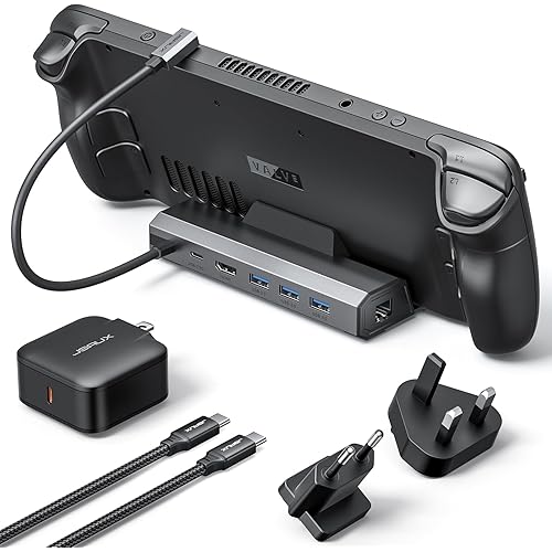 JSAUX 4K@120Hz Docking Station and 65W Charger for Steam Deck OLED/ROG Ally X/Legion Go (S), 6-in-1 Dock with HDMI 2.1, Gigabit Ethernet, 3 USB 3.0 and 100W Charge-HB0603