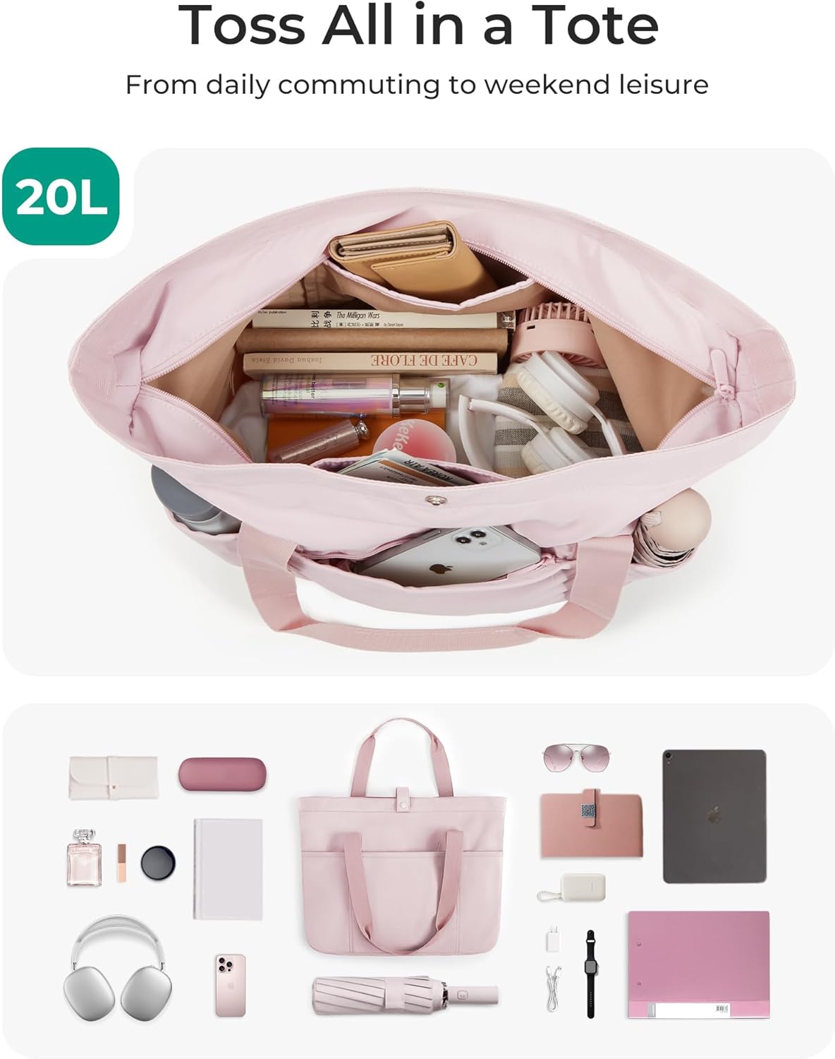 BAGSMART Tote Bag for Women, Foldable Tote Bag With Zipper Travel Large Shoulder Bag Handbag for Work - Image 3