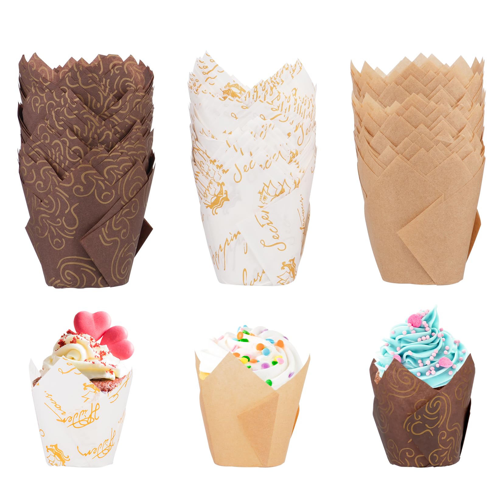 150 Caissettes à Muffins En Papier - Résistantes, Antiadhésives, Motif Tulipe - Pour Cuisson Et Décoration