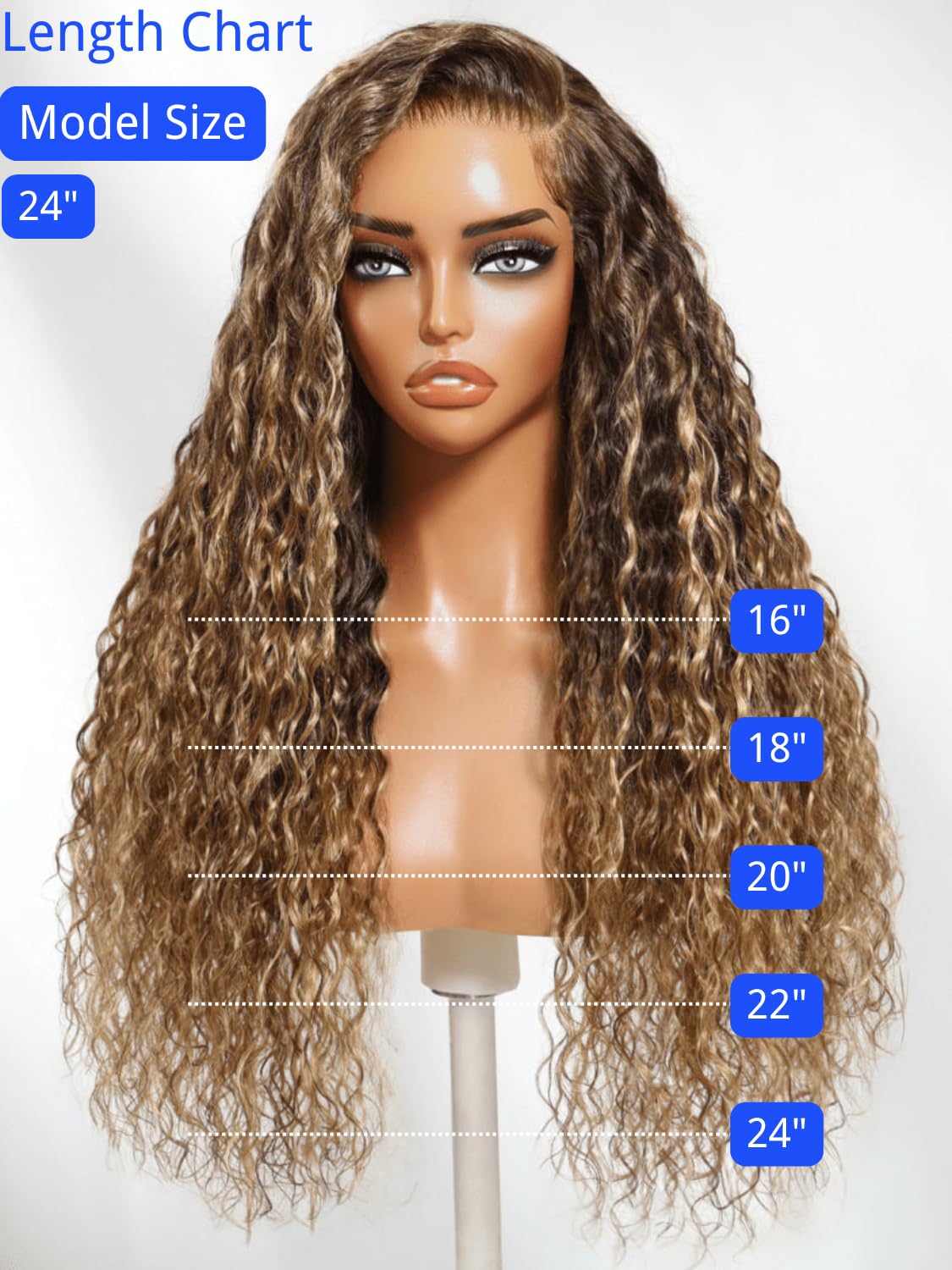 Nadula No Slip 13x4 Caramel Brown with Honey Blonde Highlight Water Wave Drawstring Wig Human Hair, Pre Cut Glueless Lace Front Wig Pre Plucked Ready to Go Wet and Wavy Wig 150 Density 18inch