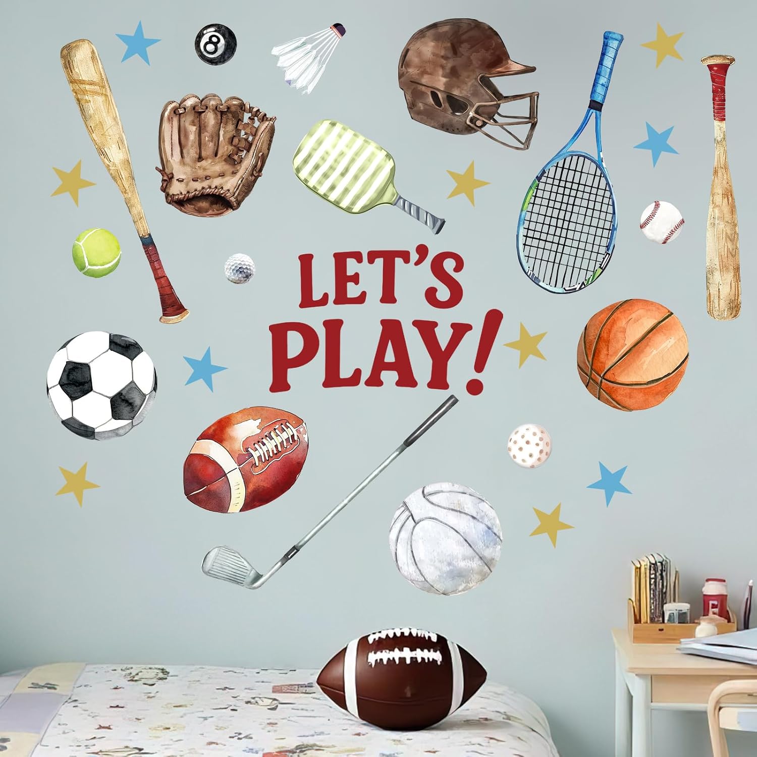 Mfault Let's Play Ball Sport Wall Decals Stickers, Football Basketball Baseball Volleyball Nursery Decorations Boys Bedroom Art, Golf Tennis Pickleball Billiard Kids Playroom Decor Sport Lover Gifts