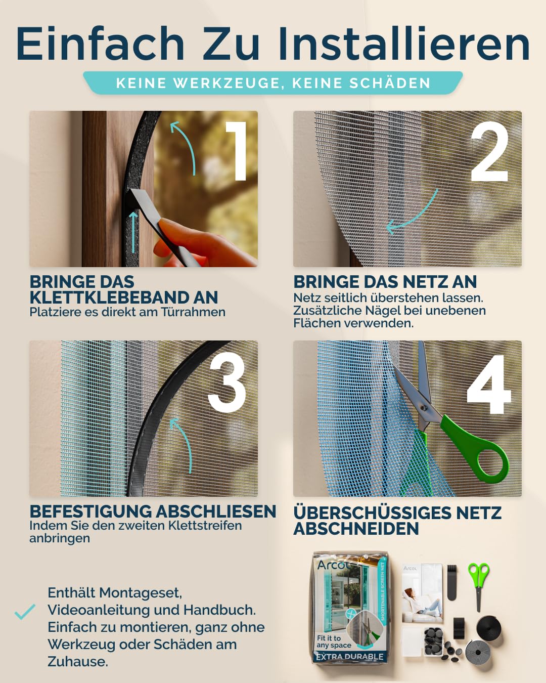 ARCOL Fliegengitter Balkontür Zuschneidbar in der Breite - Fliegengitter Balkontür Nach Maß mit Klettverschlüssen - Robustes Magnetisches Fliegengitter - Insektenschutz Balkontür (155x210 cm, Schwarz)