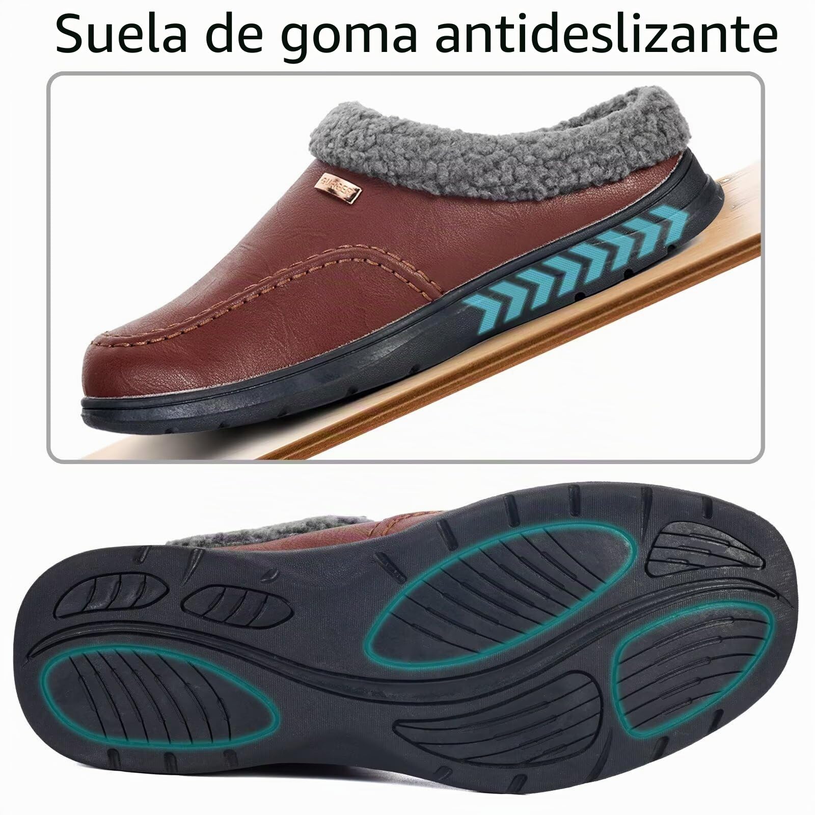 Zapatillas de Casa Hombre Cuero Invierno Forro Cálido Antideslizantes Zuecos y Mules
