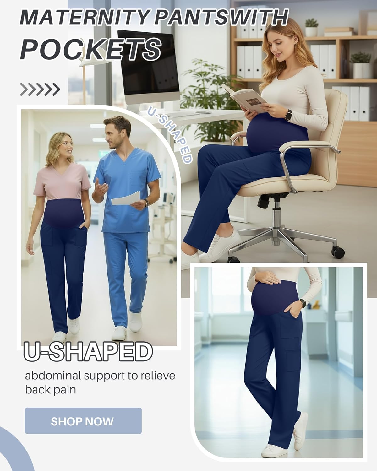 3 Pack Women's Maternity Scrub Pants 6 Pockets Cargo Pants Stretchy Comfy Workwear Straight Leg Pregnancy Pants(Navy Blue, Navy Blue, Navy Blue,X-Large)