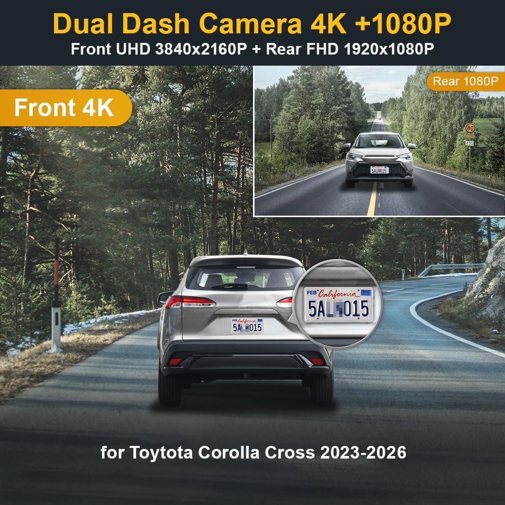 Fitcamx Front 4K+Rear 1080P Dash Cam Adapts for Toyota Corolla Cross 2023-2026 (NOT Corolla), OEM Style, Built-in WiFi & APP, Dual HD Video, Loop Recording, G-Sensor, Easy to Set, 128GB Card