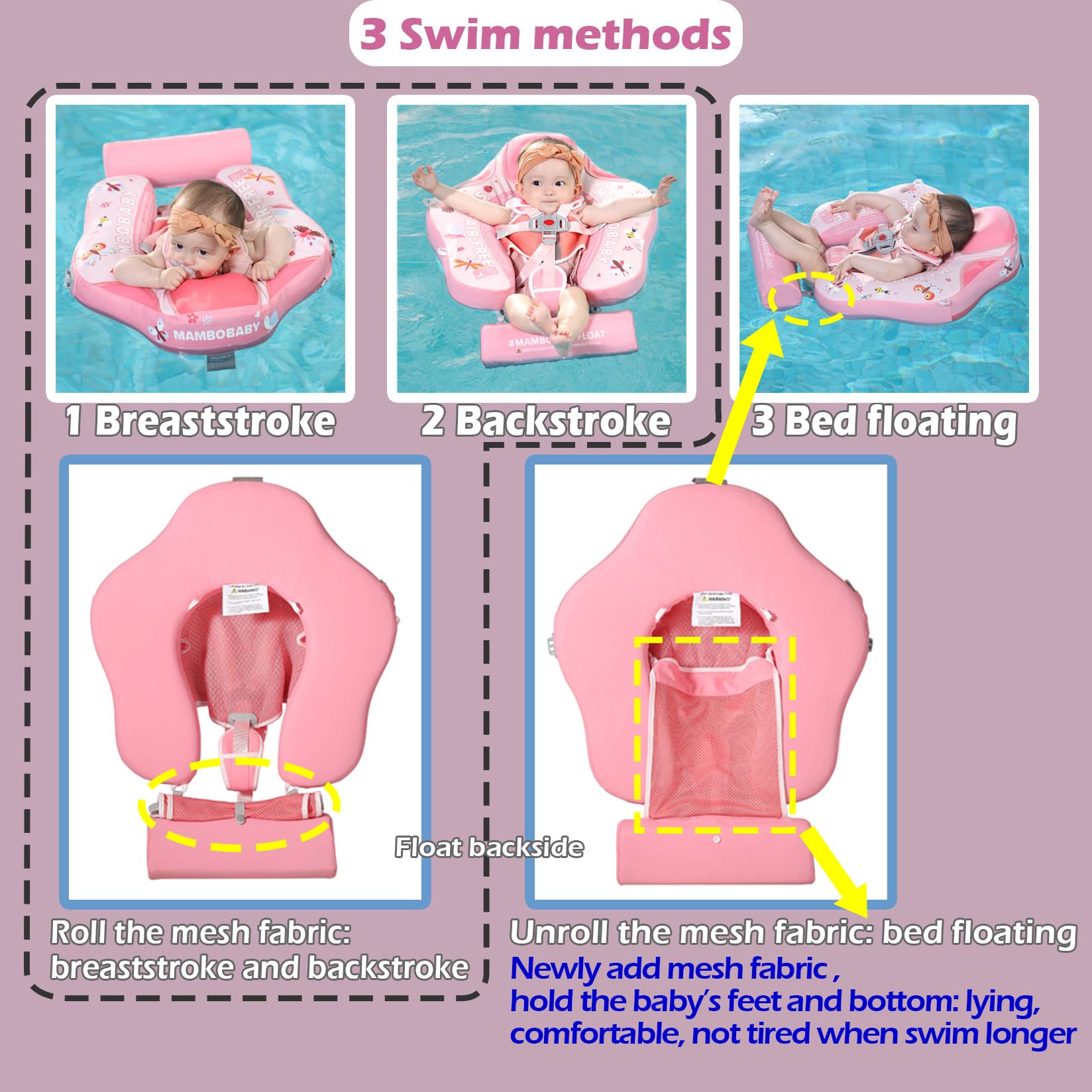 Mambobaby Float with Canopy Size Improved Non Inflatable Infant Baby Pool Float Smart Mambo Float Swim Trainer Baby Swim Float Mambo Baby Float Solid Air Free Water Waist Swimming Ring