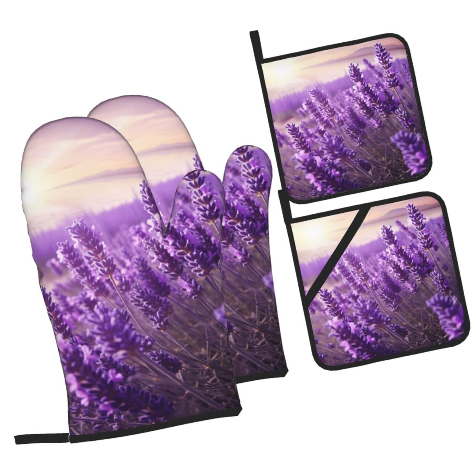 Set di 4 guanti da cucina e presine con fiori di lavanda, resistenti guanti antiscivolo per barbecue, per cucina, cucina, cottura al forno, grigliate