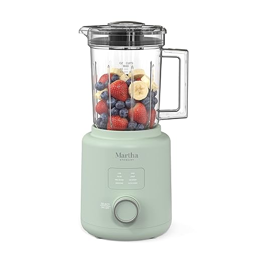 Martha Stewart Countertop Blender, 50oz Jar, 6 Stainless Steel Blades 3 Speeds & 5 Presets, Auto Clean, Smoothies, Crush Ice, Shakes, Chop, Margarita, Measurement Markings, 700W, Honeydew Green