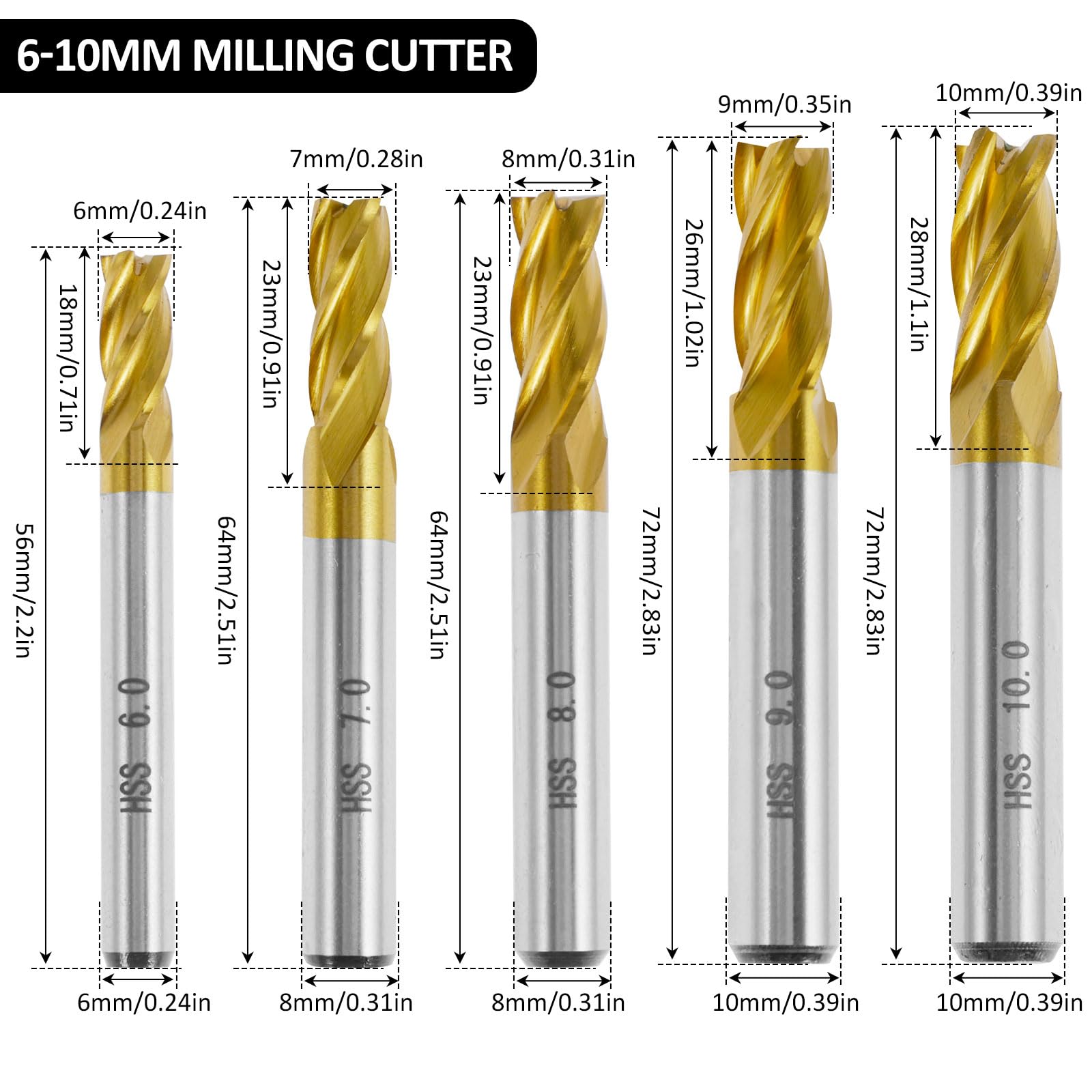 Zestaw 10 frezów HSS, 4 tytanowe flety VHM, 2-10 mm, frez CNC do tworzyw sztucznych, metalu, stali nierdzewnej, stali węglowej, aluminium, drewna, akrylu