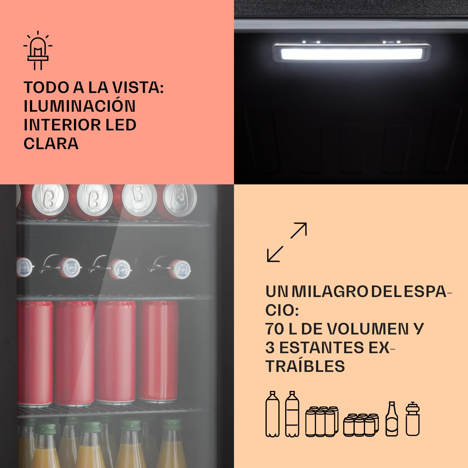 KLARSTEIN Mininevera con puerta de cristal y led, mininevera para habitaciones, nevera pequeña para bebidas con 3 estantes extraíbles, nevera pequeña 70L, de interior/exterior silenciosa, 0-22 °C