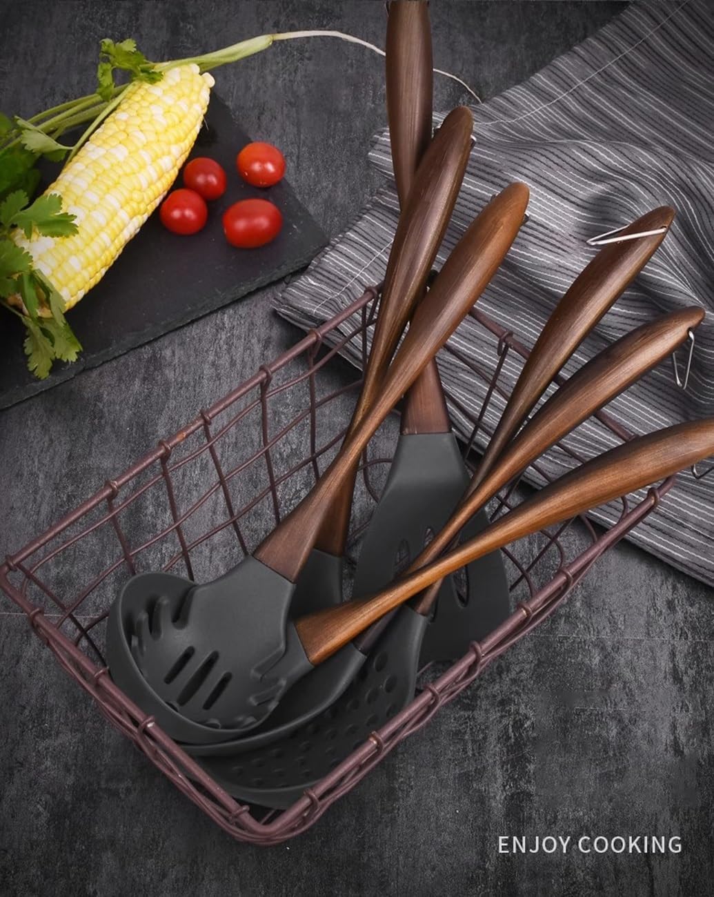 Silicone Cooking Utensils Set, Kitchen Utensils 7 Pcs Set, Non-stick Heat Resistant Silicone, Cookware with Stainless Steel Handle