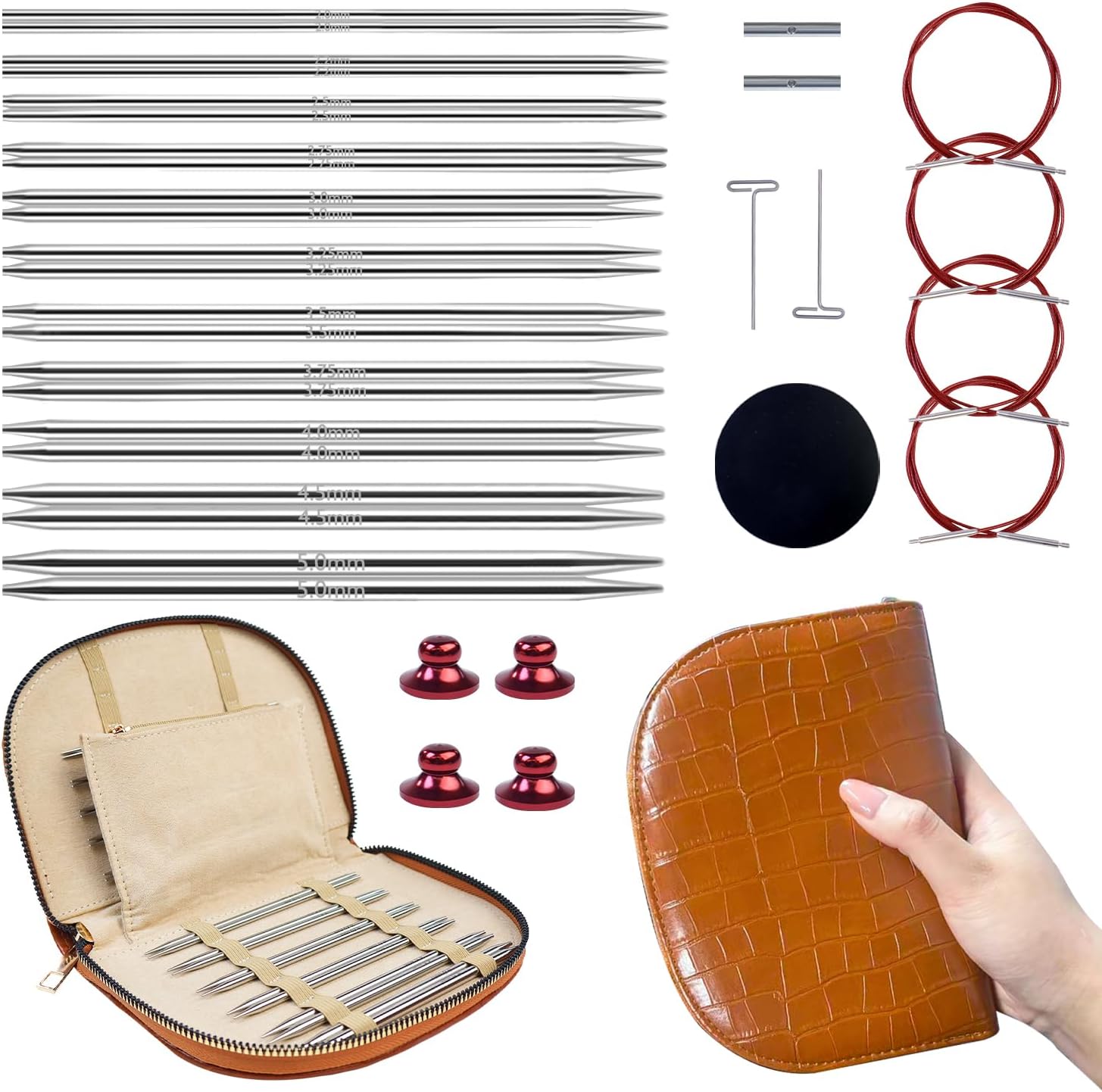 Lewhoo Circular Knitting Needles Set with Bag, 11 Pair Interchangeable Stainless Steel Circular Needle for Knitting with 4 Cables 2.0~5.0mm Silver