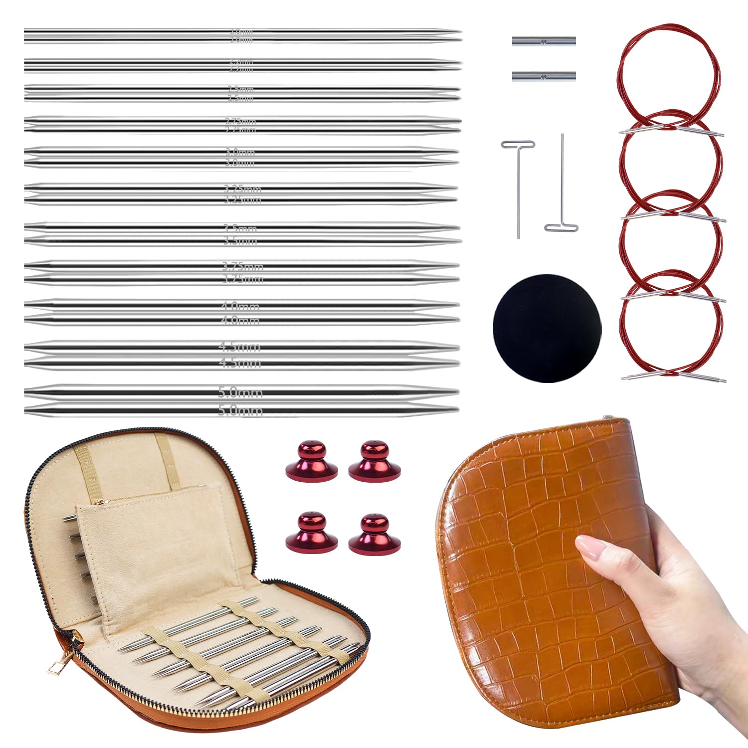 Lewhoo Rundstricknadel-Set, 2,0 ~ 5,0 mm, Silber | 11 Paar austauschbare Rundstricknadeln aus Edelstahl zum Stricken mit 4 Kabelbeutel