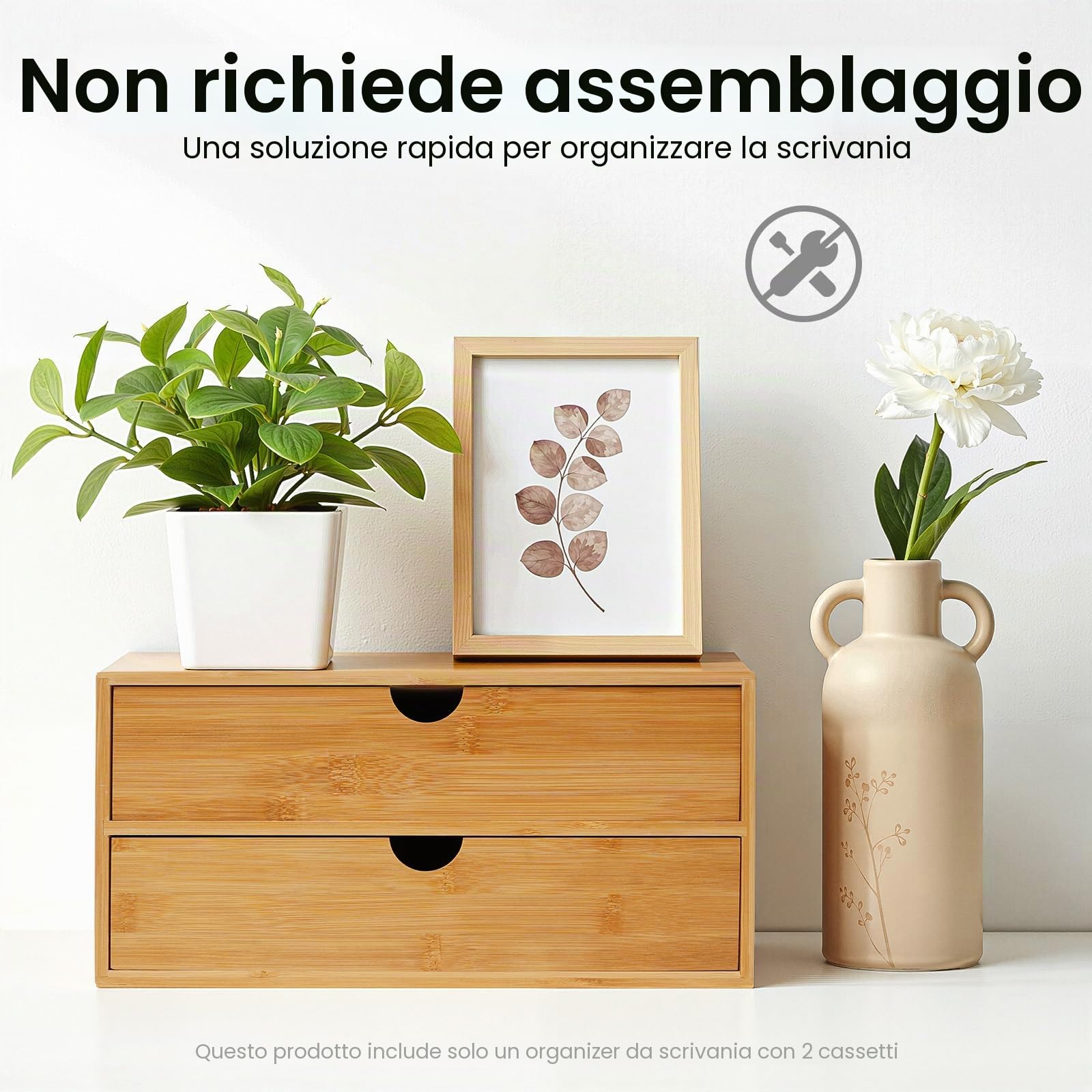 Organizzatore per Scrivania, Cassetto in Bambù Mini Cassettiera, Design Monopezzo, Scaffalatura per Trucco con 2 Cassetti per Ufficio, Soggiorno e Camera da Letto