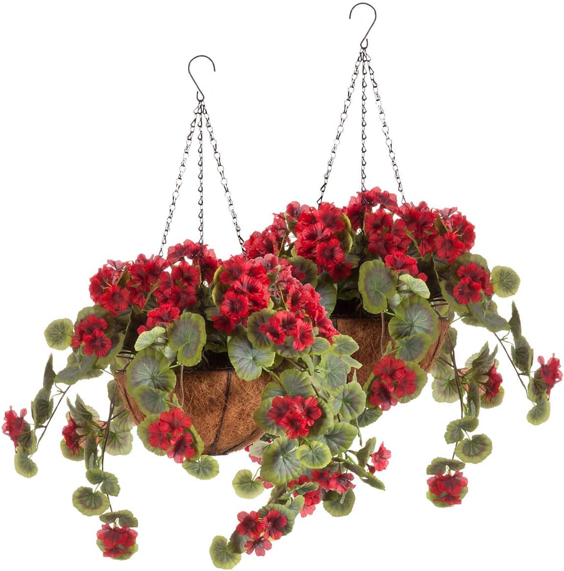 OakRidge Fully Assembled Artificial Geranium Hanging Basket, 10” Diameter and 18” Chain – Red Polyester/Plastic Flowers in Metal and Coco Fiber Liner Basket for Indoor/Outdoor Use, Set of 2