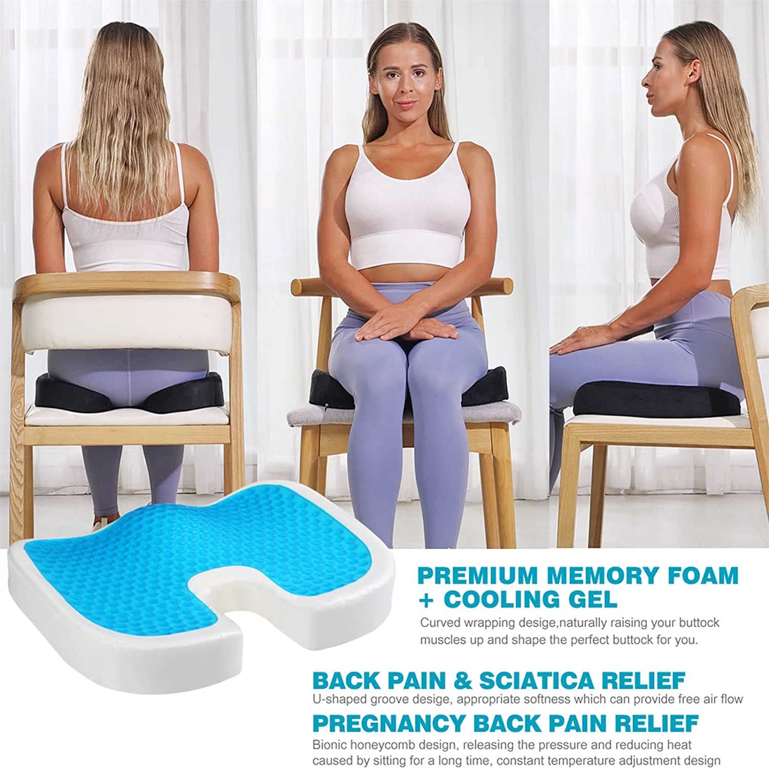 Cojn Ortopdico de Gel para Sentarse, Cojn Ergonmico de Espuma de Memoria para Alivio de Coxis, Espalda Inferior y Citica, para la Oficina, Casa, Coche, Silla de Ruedas