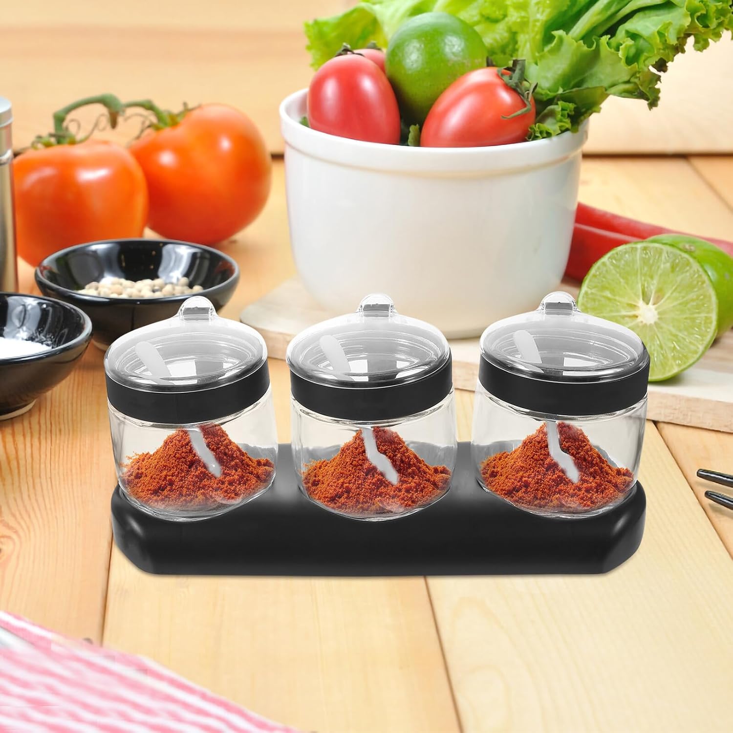 Glass Seasoning Jar Set 350ml with 3 Compartments Black Lid Multi-use Spice Storage Pot Condiment Container for Kitchen and Dining