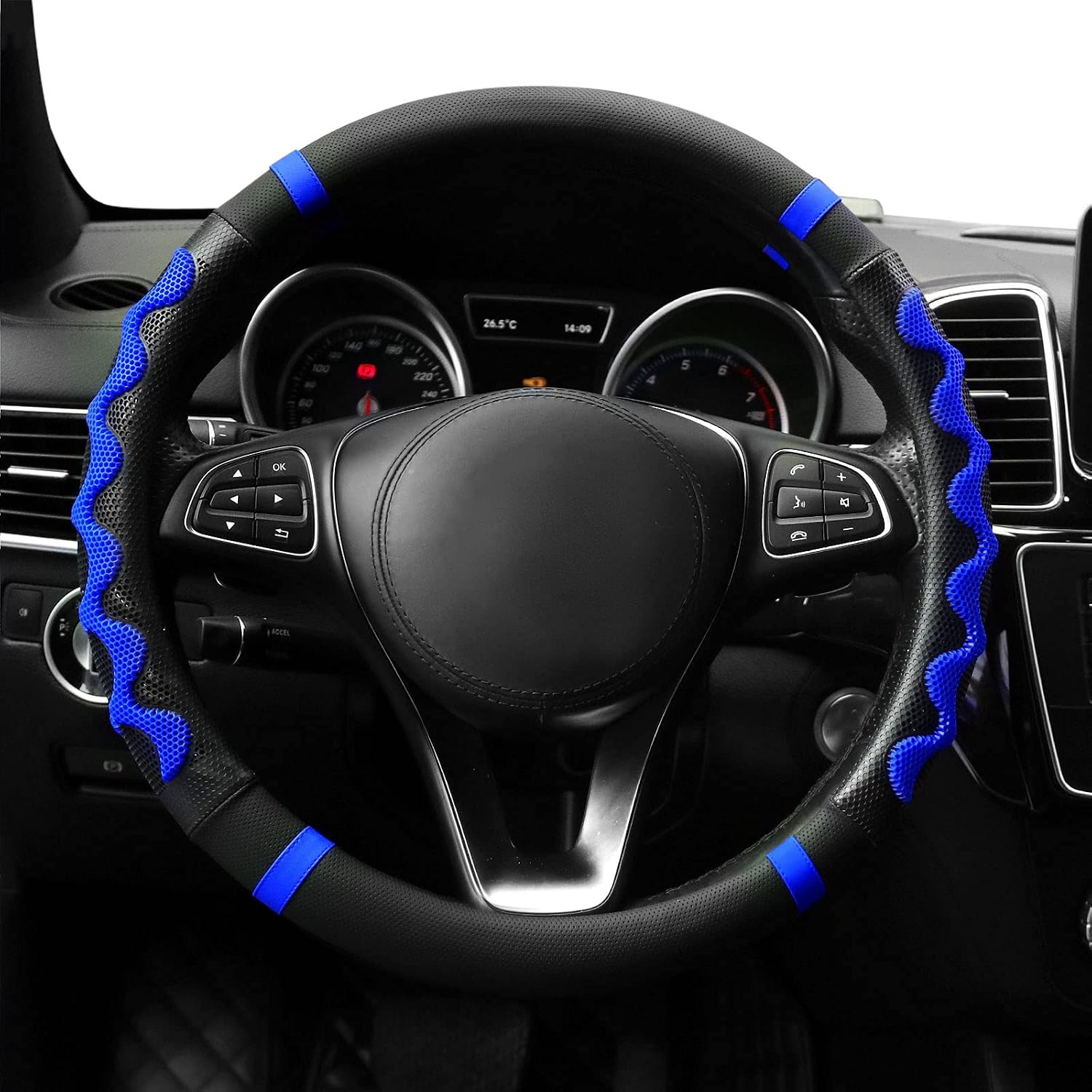 SZUAH Steering Wheel Covers, 15 Inch Universal Microfiber Leather Anti-Slip Steering Wheel Protector, Heat Resistant, Breathable & Odorless for Auto Car Accessories, Blue