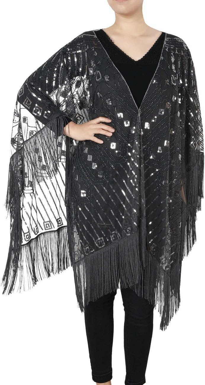 Kayamiya Women's Evening Shawl Wraps 1920s Sequin Beaded Cape With Fringe