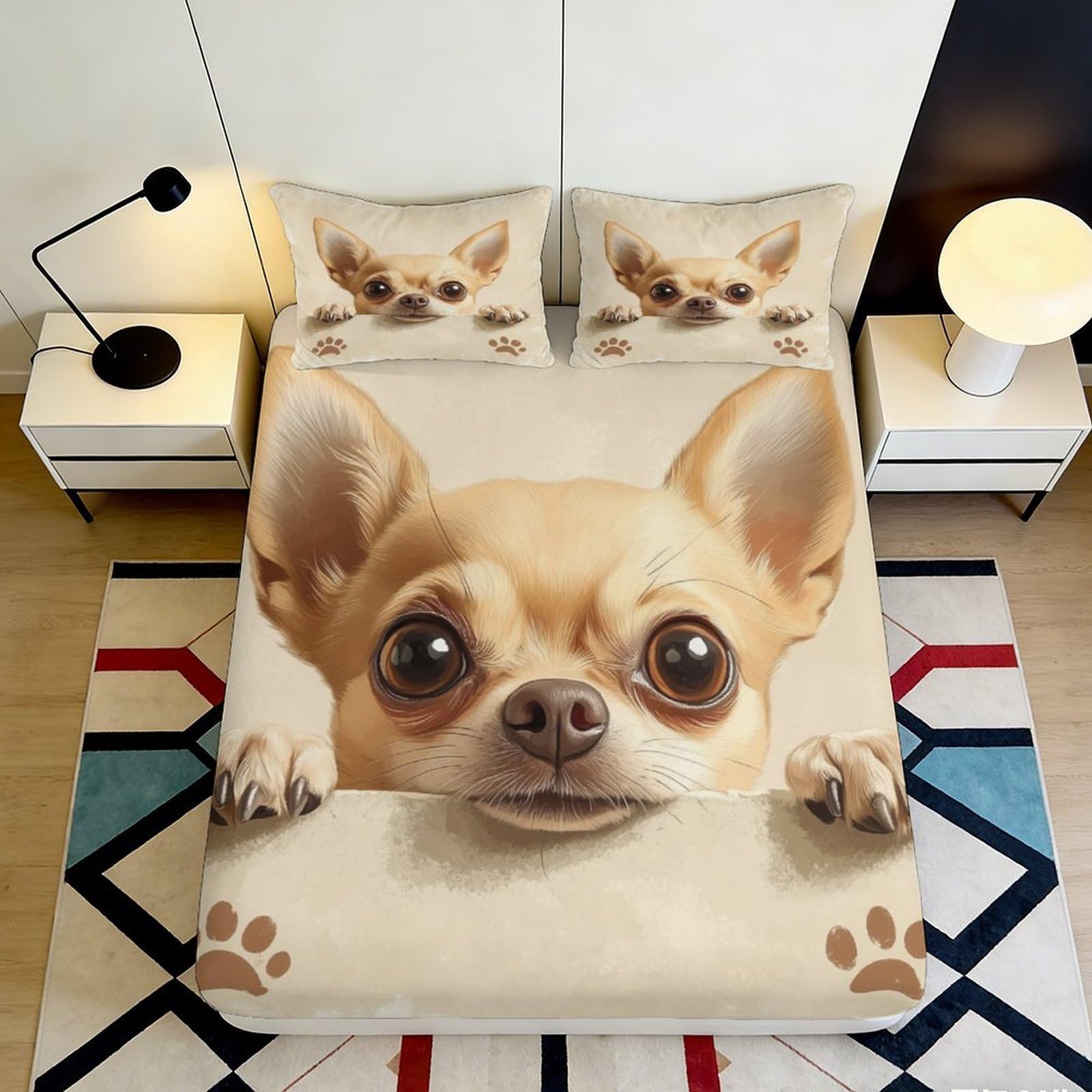 3D Printed Chihuahua Dog Fitted Sheet Microfiber Soft Breathable Puppy Pattern Bed Cover for Bedroom Dormitory Guest Room Mattress Protection Decor 120x200x25cm