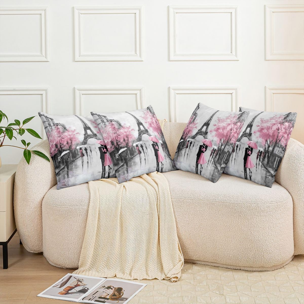 Paris Throw Pillow Covers, French Eiffel Tower Pillow Covers For Home Bed Sofa Couch, Retro Paris Themed Cushion Covers Watercolor Cherry Blossoms Decorative Pillow Covers, 24x24 Set of 2, Pink Grey
