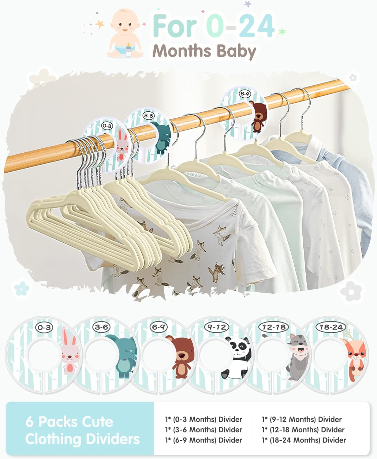 VIS'V Baby Hangers, 11 Inch Velvet Kids Hangers with 6 Pcs Clothes Size Dividers, Infant Toddler Nursery Closet Organization, Non Slip, Beige, 30 Pcs - Image 2