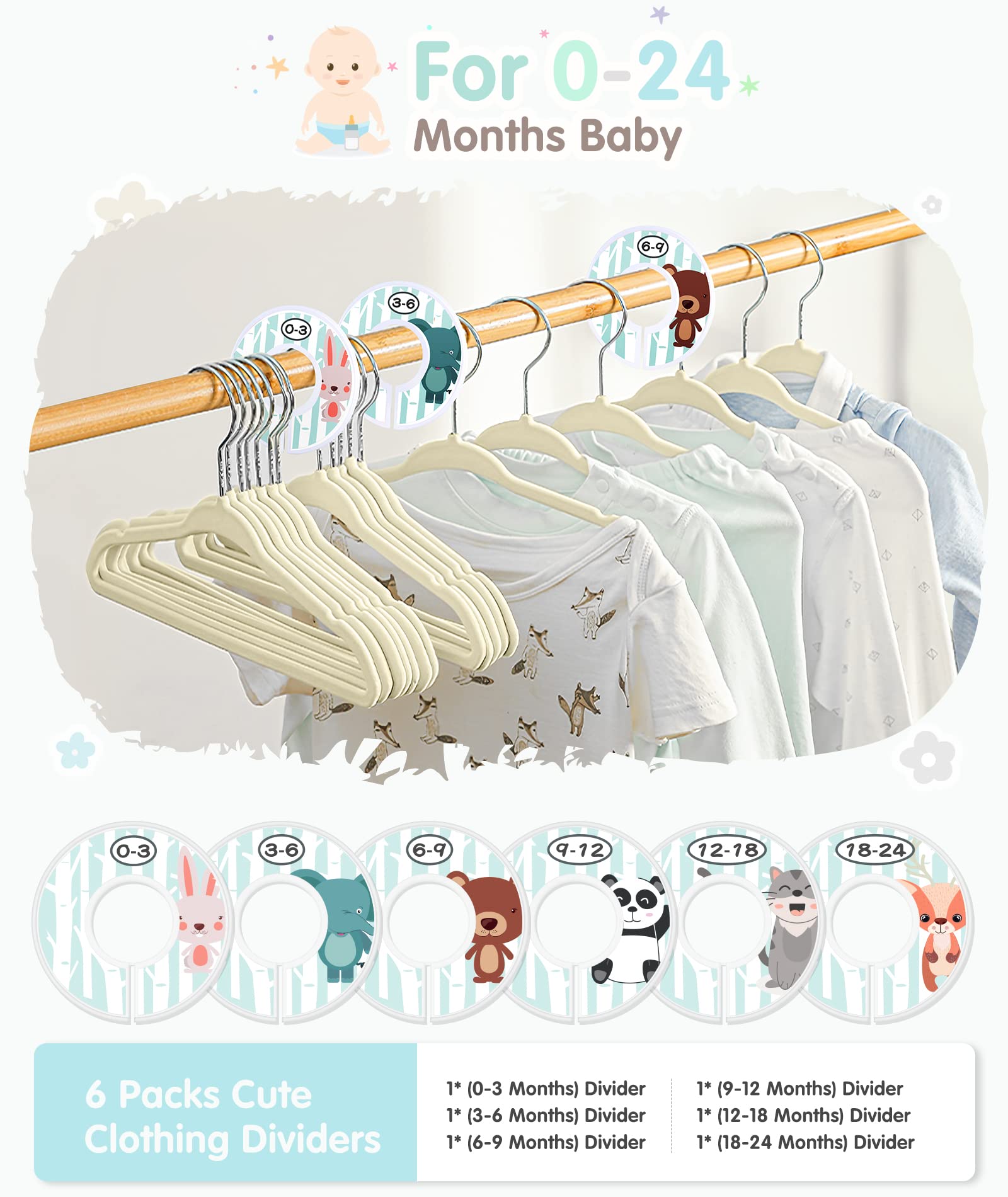 VIS'V Samt-Baby-Kleiderbügel mit 6 Trennwänden, 27,9 cm, Beige, 50 Stück