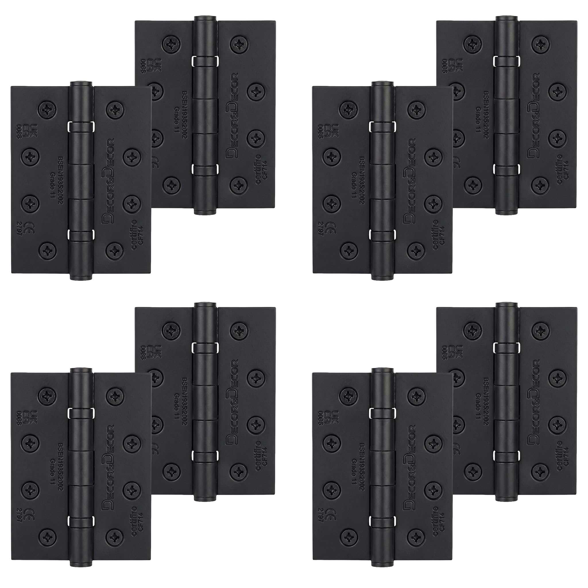 Decoranddecor Door Hinges Internal - Fire Rated - 4inc / 102mm - Ball Bearing - Steel - Matt Black - 4 Pairs