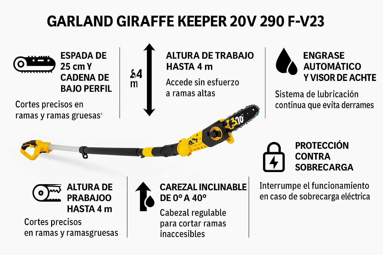 GARLAND GIRAFFE KEEPER 20V 290 F‑V23 | Motosierra de Pértiga a Batería 25 cm con Cabezal Inclinable, Altura de Trabajo hasta 4 m, Engrase Automático | Sin Batería ni Cargador