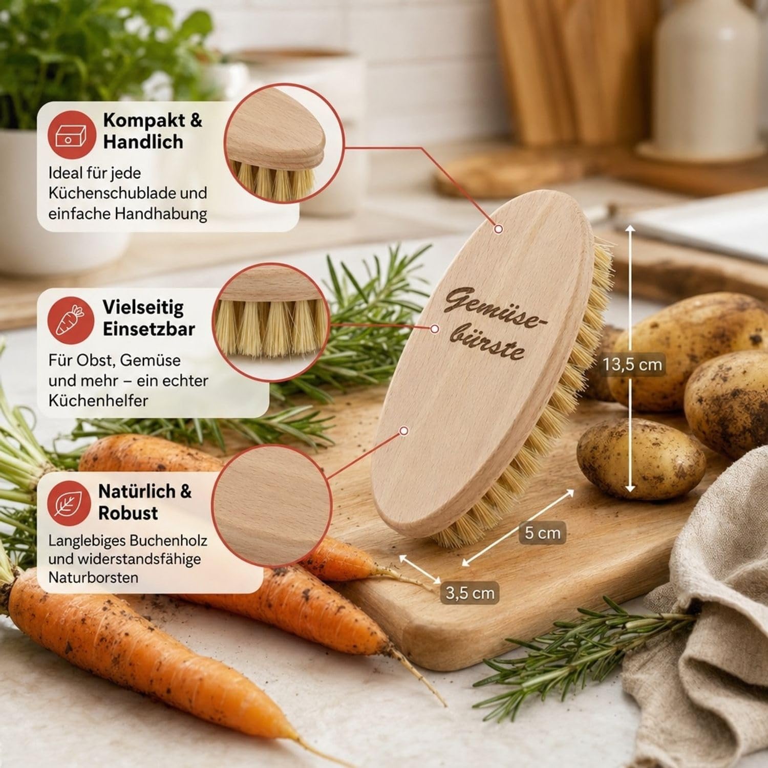 Brosse à légumes en bois de hêtre avec poils naturels durable pour laver légumes et fruits