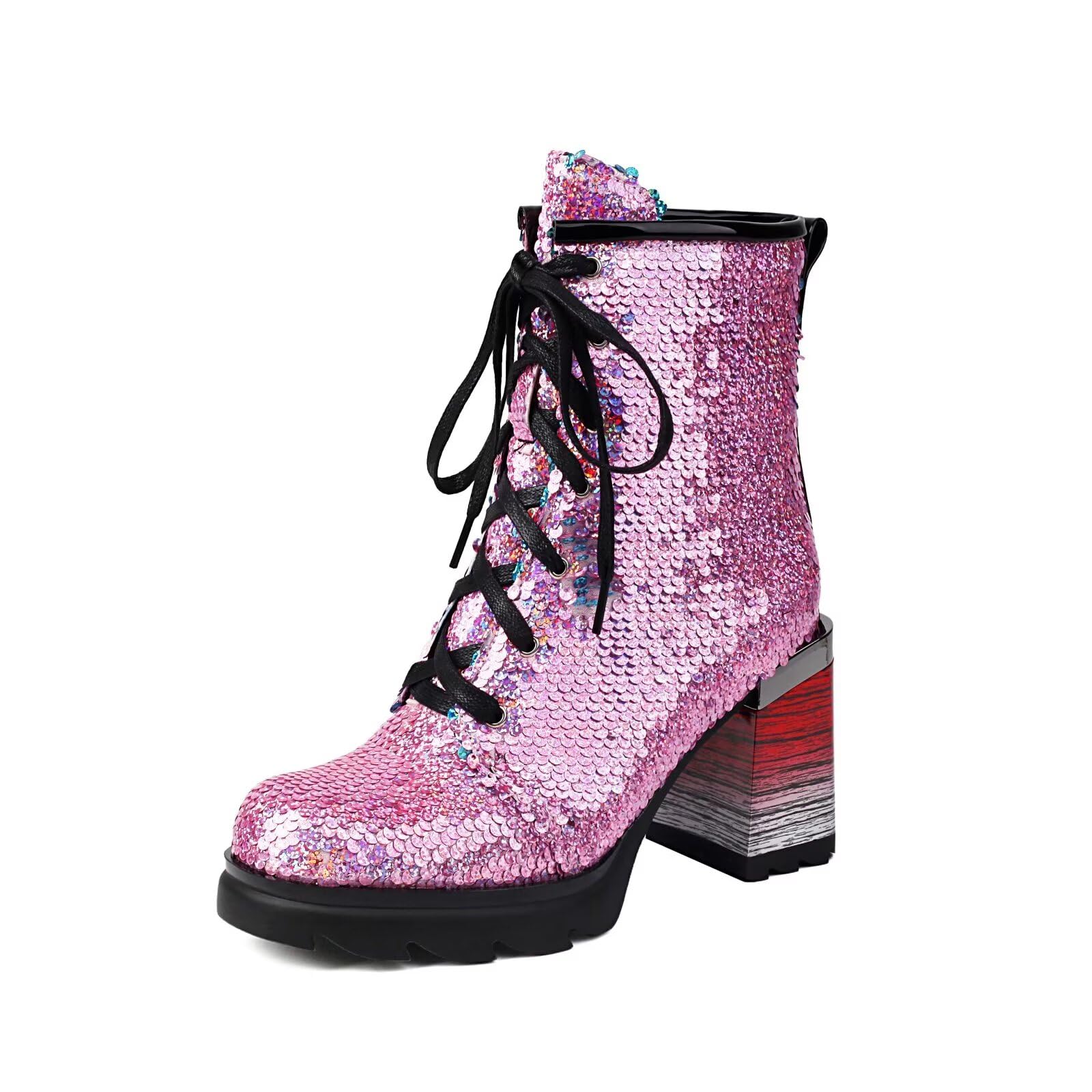 Womens Sequins Lace Up Combat Boots Chunky Block Print Stacked Heel Round Toe Sparkly Ankle Short Booties