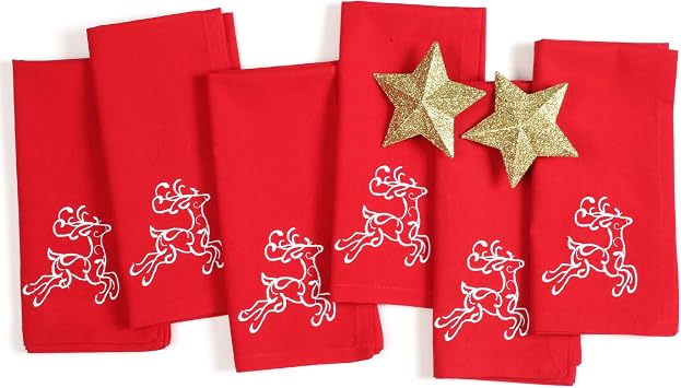 Cotton Clinic Christmas Napkins - Xmas Cloth Dinner Napkins 100% Cotton Set of 6 - Soft Durable Washable - Holiday Napkins 18x18 Embroidered - Christmas Reindeer Cloth Dinner Napkins