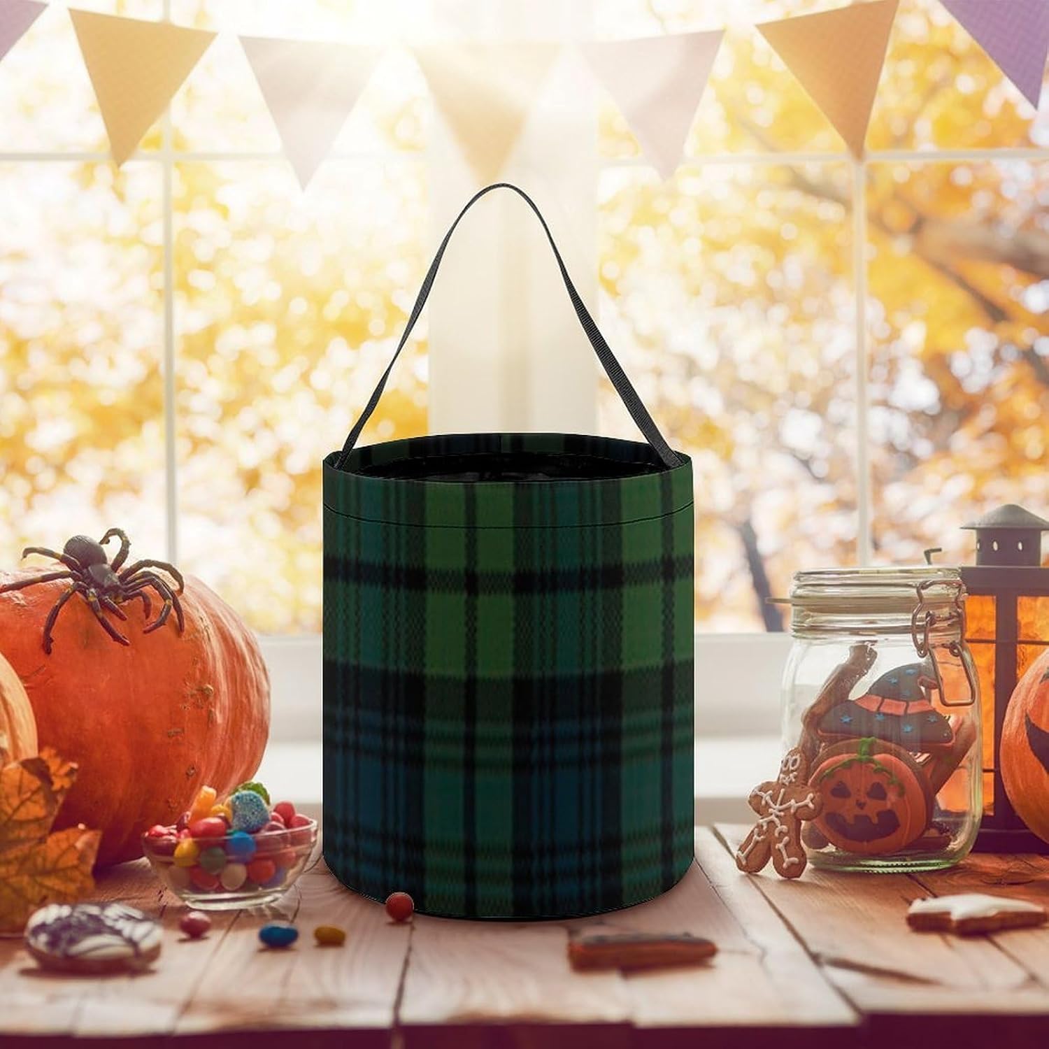 Scottish Tartan Plaid Halloween Treat Bag Reusable Candy Basket Tote Goody Bags Gift Party