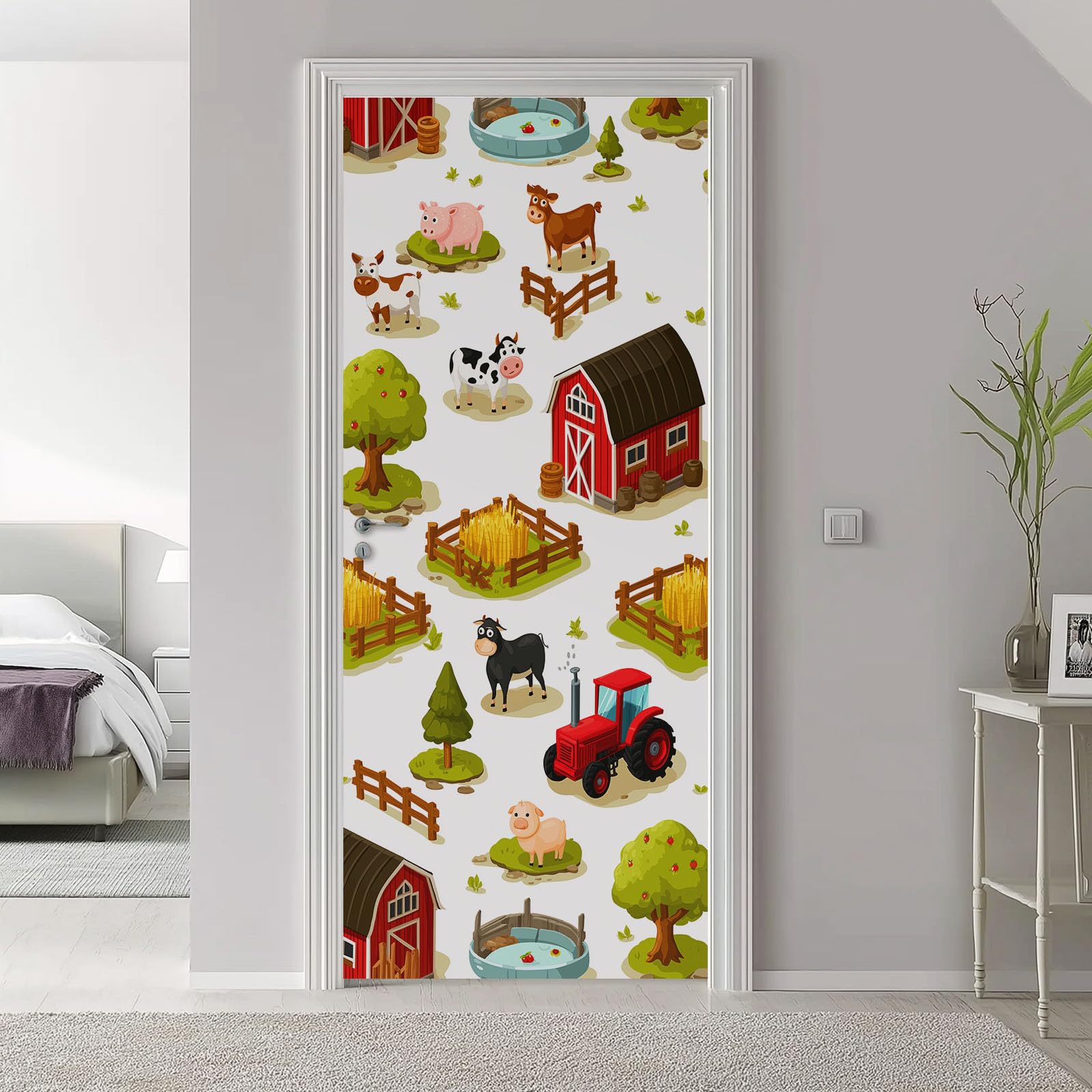 Biała kreskówka, stodoła, folia na drzwi, plakat na drzwi, plakat 80 x 210 cm – wodoszczelna, zdejmowana naklejka na drzwi z PCW, śliczna naklejka na drzwi z motywem zwierząt gospodarskich