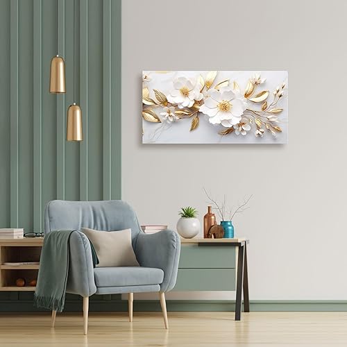 Miniatura 6 de daktenn Lienzo decorativo para pared para sala de estar, dormitorio, oficina, arte de flores blancas y doradas, arte de pared botánico grande,
