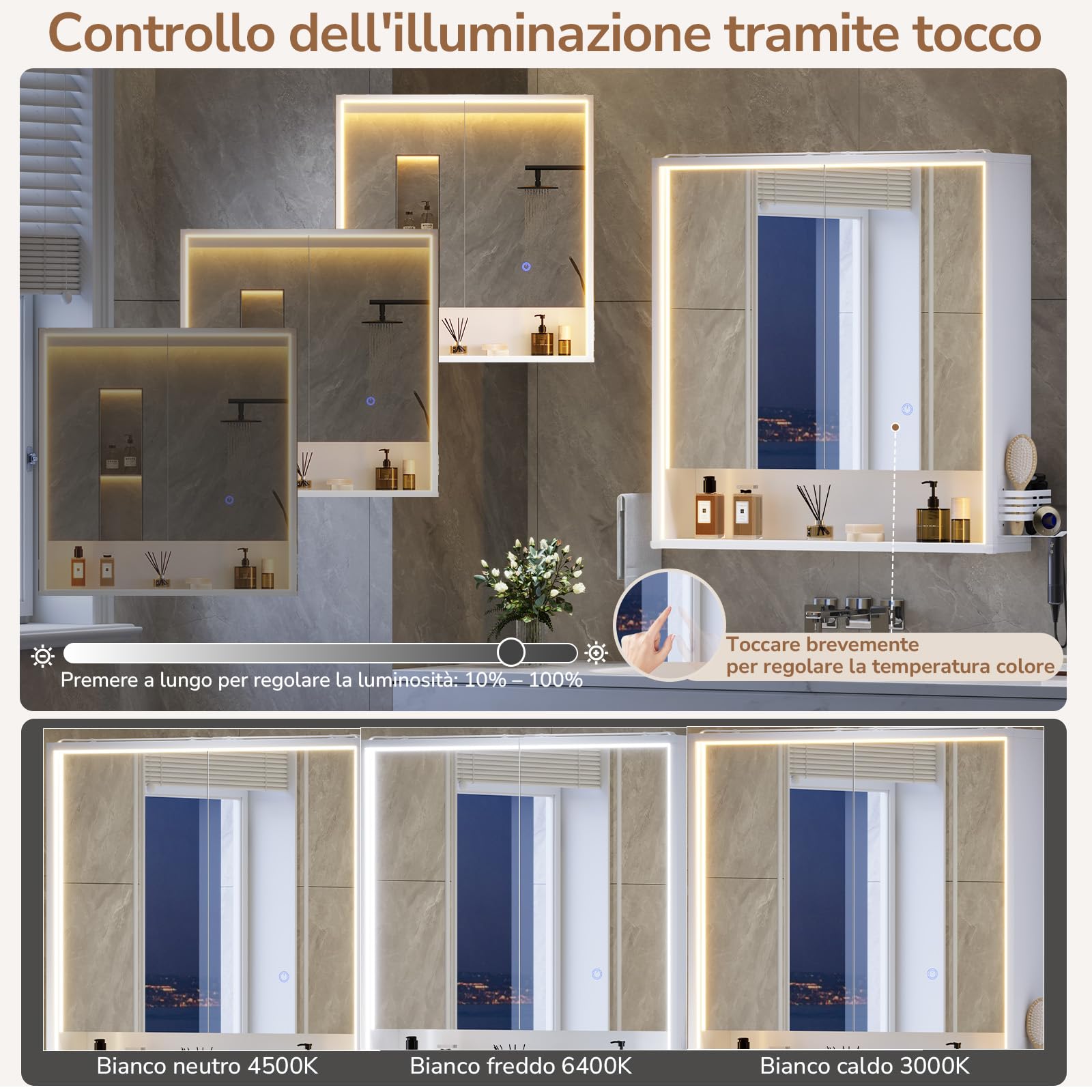 Specchio Bagno Contenitore 70x78x18 cm – Luce LED 3 Lati, Touch con 3 Luci & Prese + USB, Porta Asciugacapelli e Asciugamani, Mobile Bagno con Specchio a Due Ante – Soft-Close