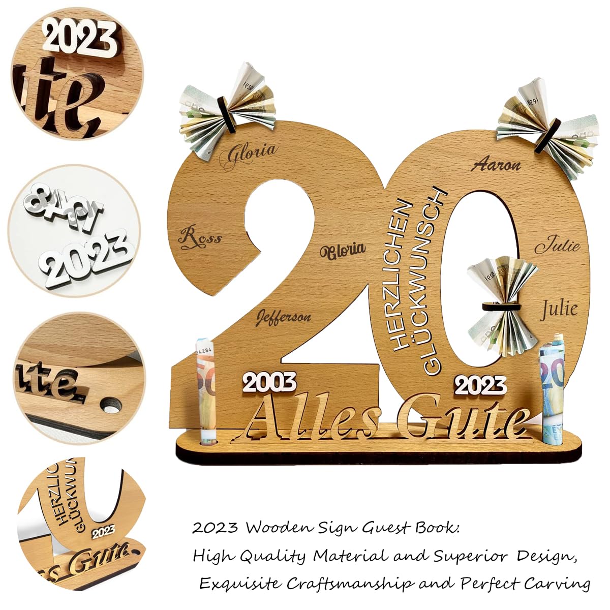 OHYER 60 Livre d'or en Bois Livre d'or en bois Bricolage avec Support 2023 Carte Anniversaire Panneau en Bois Décoration du Bureau pour Homme Femme 60 Anniversaire ou Mariage Fête Numéro 60 (A