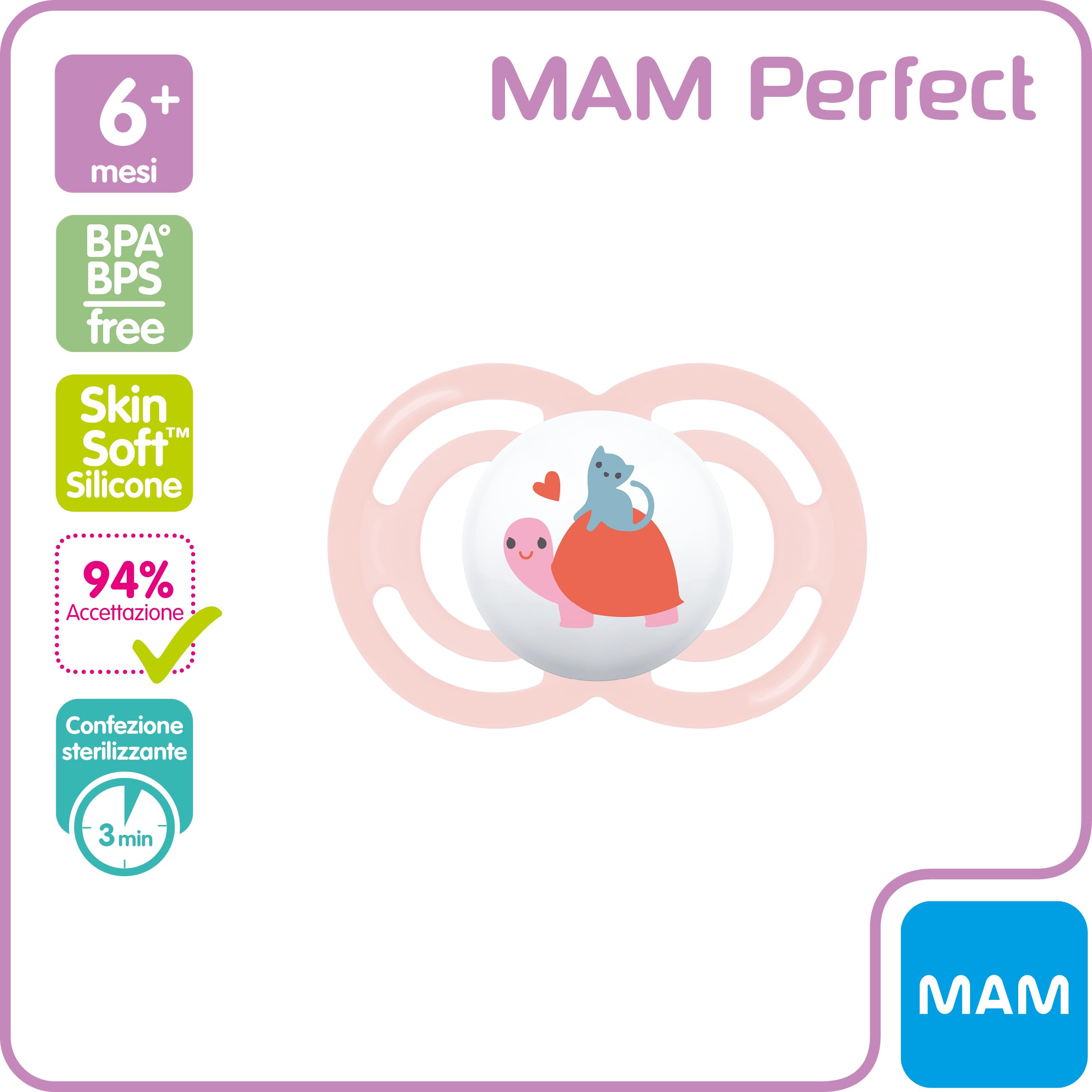 Mam Perfect Silikon-Schnuller mit Schnullertasche, 6 Monate, Violett