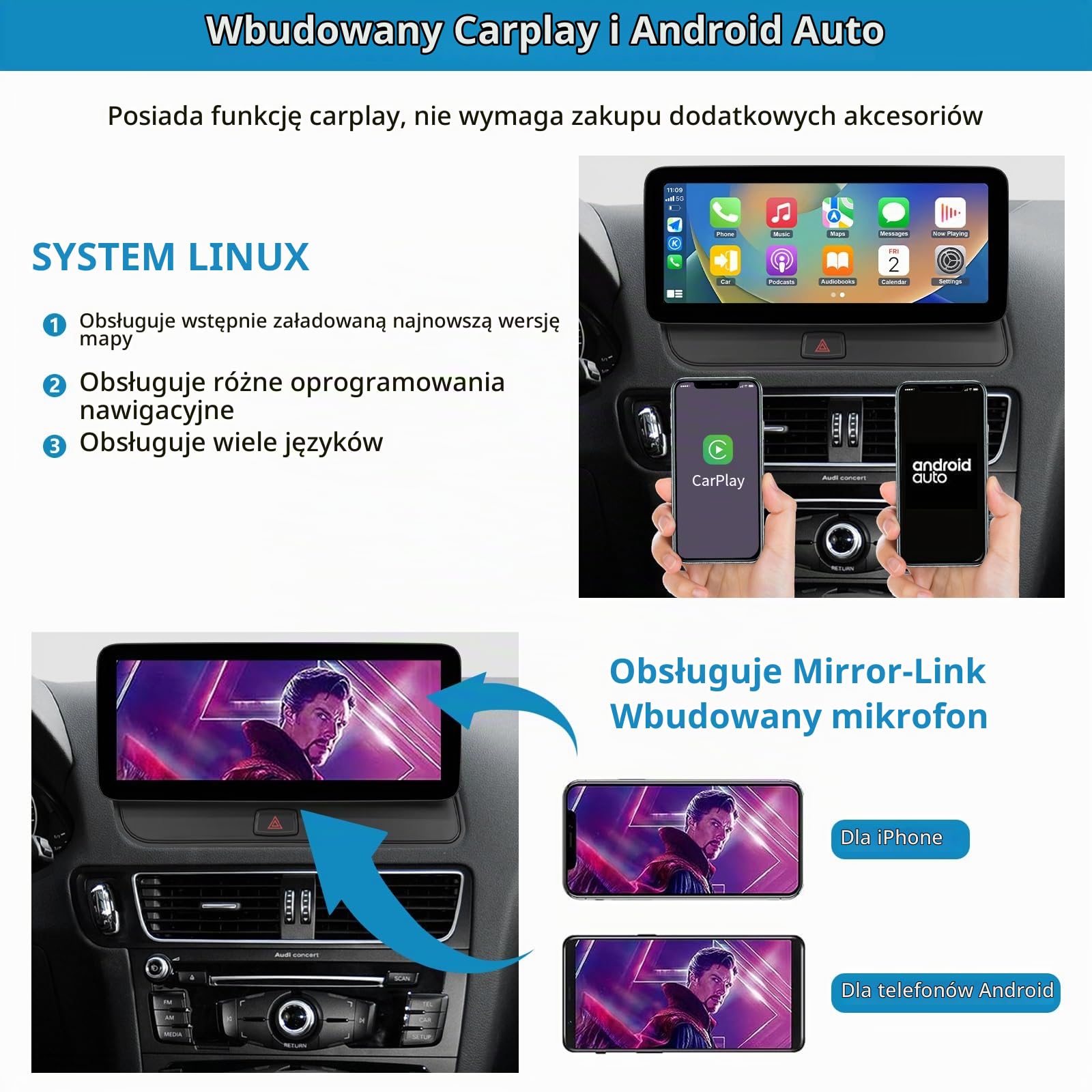 Radio samochodowe 12,3-calowy ekran dotykowy z bezprzewodową funkcją Carplay i Android Auto do Audi Q5 z lat 2009-2017 z systemem 2G MMI, obsługuje Mirrorlink, kamerę i nawigację