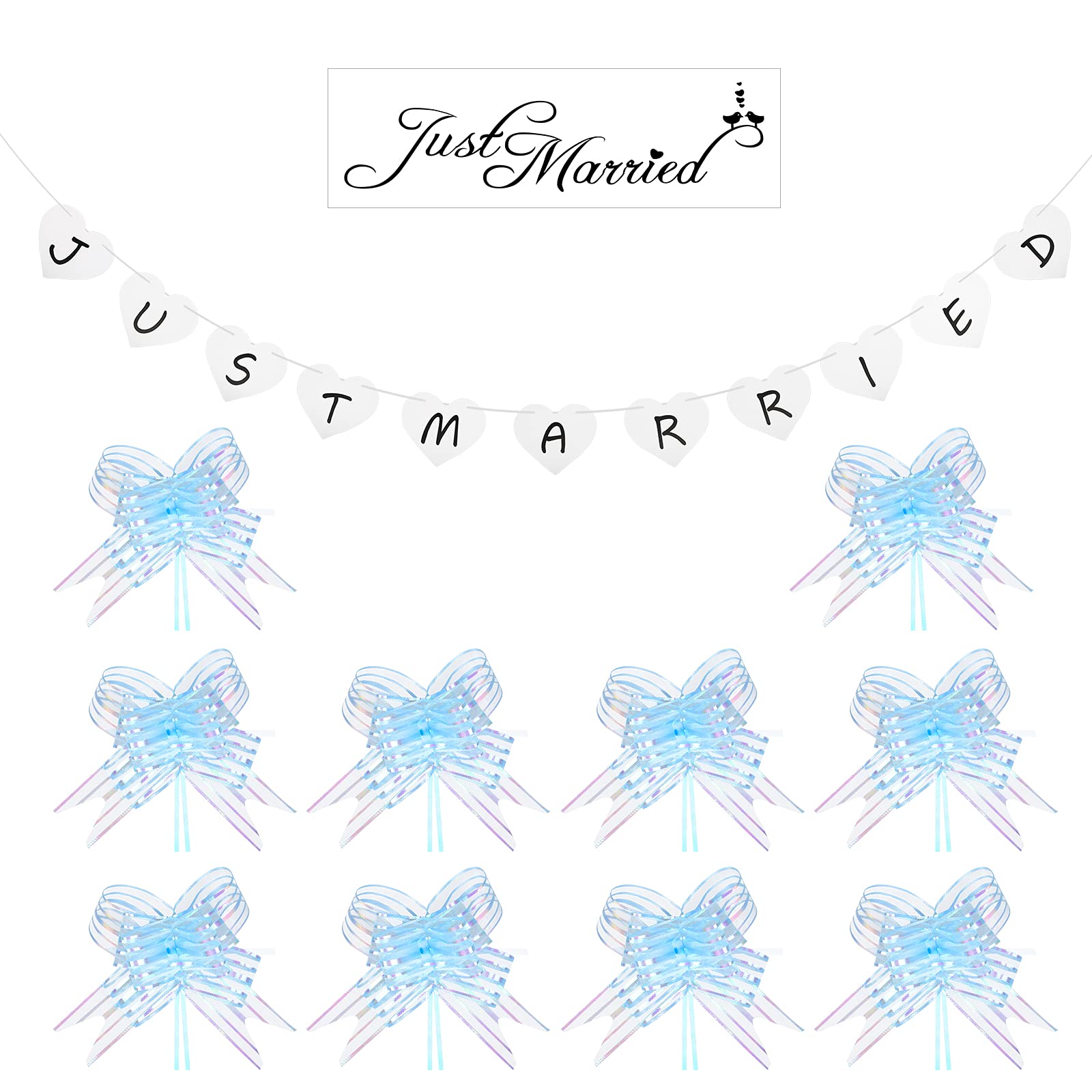 LAMEKJust Married Banner Wedding Letter Pull Flag Hanging Decoration with 10pcs Bows for Wedding Car Decor Bridal Shower Engagement Ceremony Party Banquet