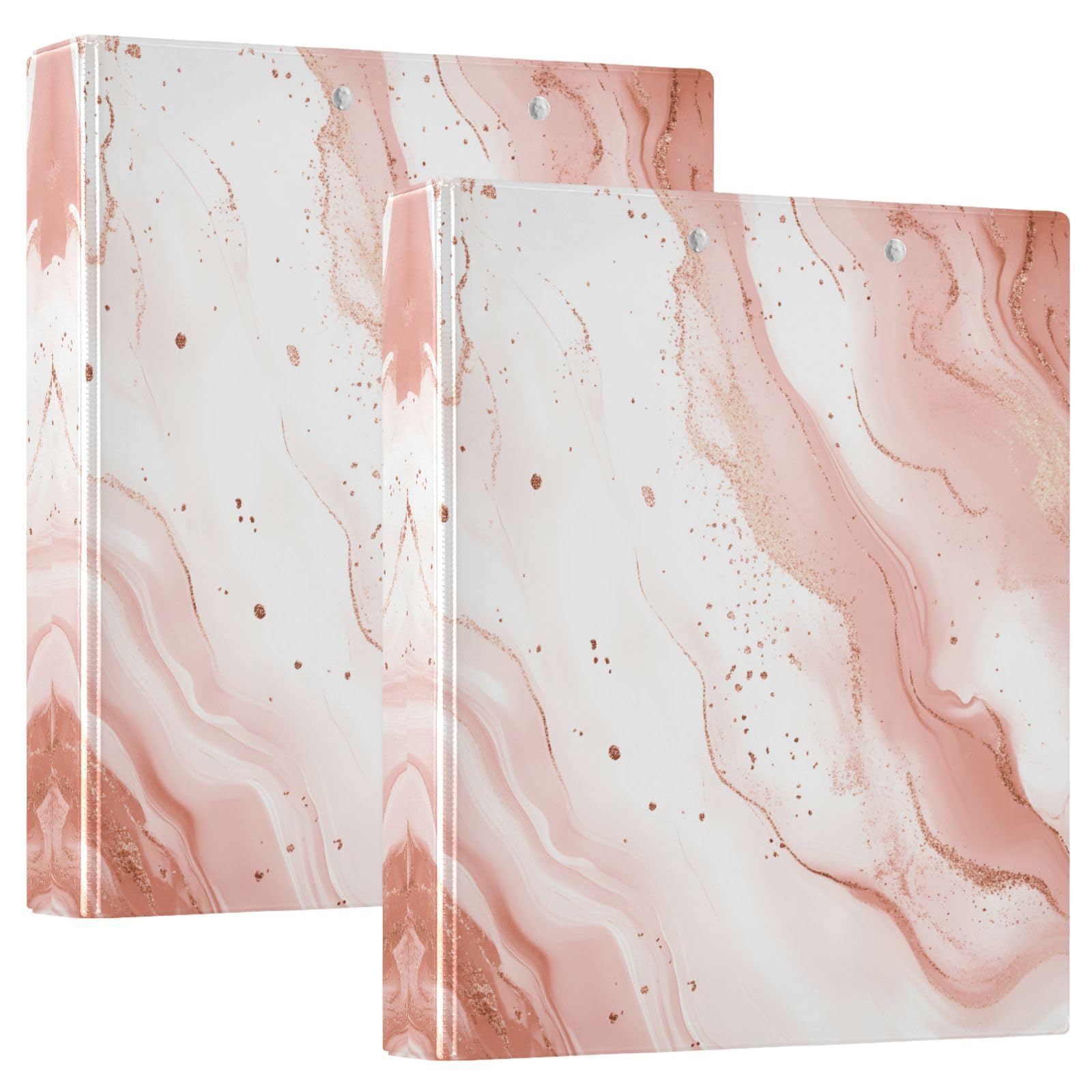 Confezione da 2 raccoglitori a 3 anelli, con stampa marmorizzata oro rosa, 3,8 cm, con 3 tasche trasparenti, portablocco e contiene 200 fogli, per ufficio, scuola, organizzazione domestica
