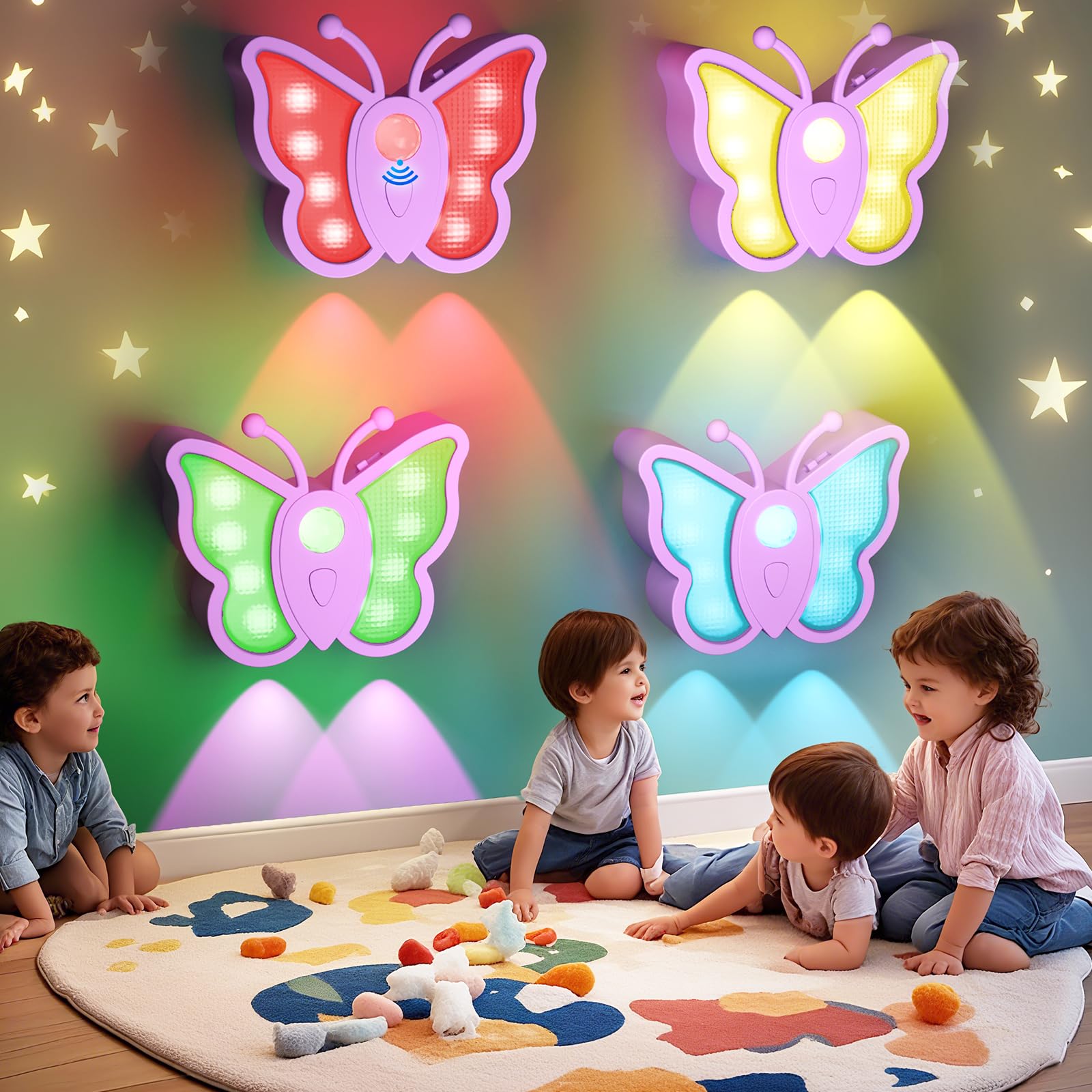 LOFTEK Rechargeable Motion Sensor Light, RGB Color Change&amp; Dimmable Night Light, Cute Butterfly Light for Kid's Bedroom, Bathroom, Hallway, Tent &amp; Stairs - Ideal Home Decor &amp; Gift, Purple of 4